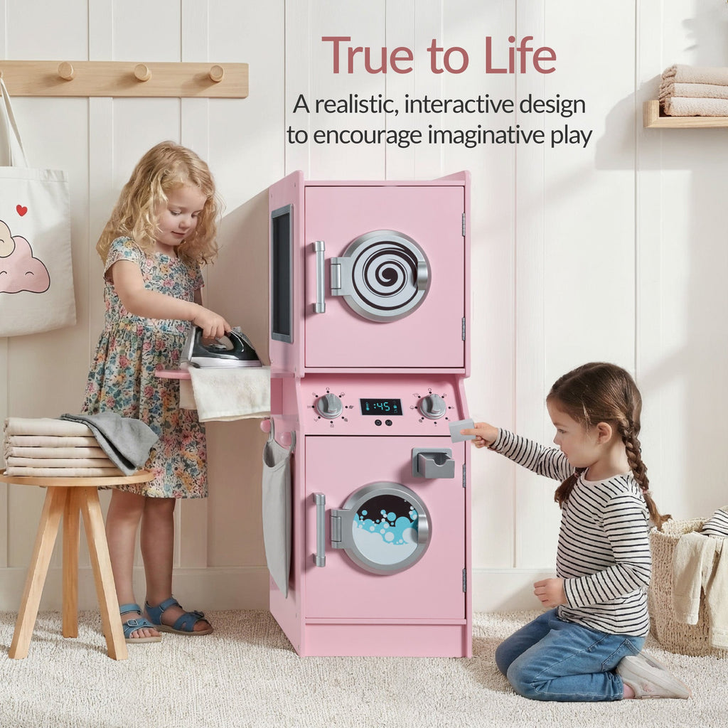 Pretend Play Kids Wooden Washer and Dryer Set with Laundry Accessories designed for kids' playtime and gifts