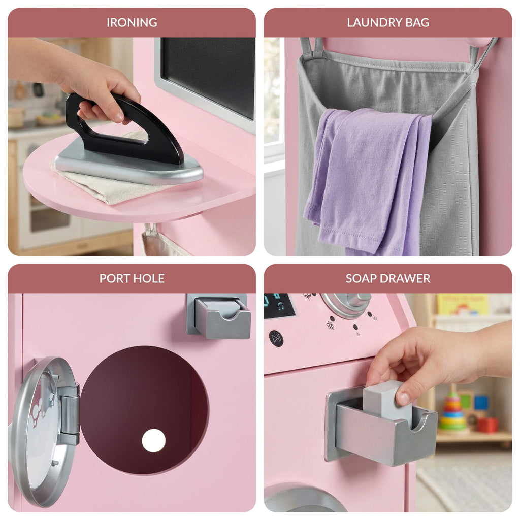Pretend Play Kids Wooden Washer and Dryer Set with Laundry Accessories designed for kids' playtime and gifts
