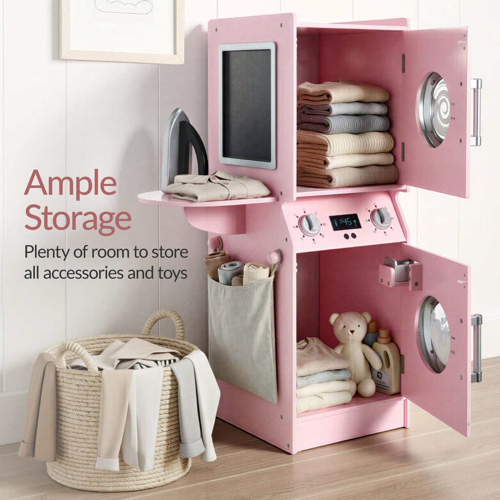 Pretend Play Kids Wooden Washer and Dryer Set with Laundry Accessories designed for kids' playtime and gifts