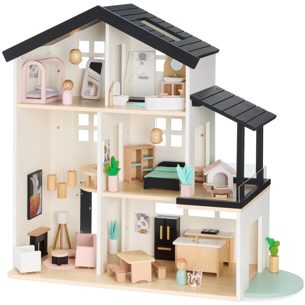 Pretend Play Wooden Doll House with 40 Accessories Modern Toy Playset with fun features for everyday play