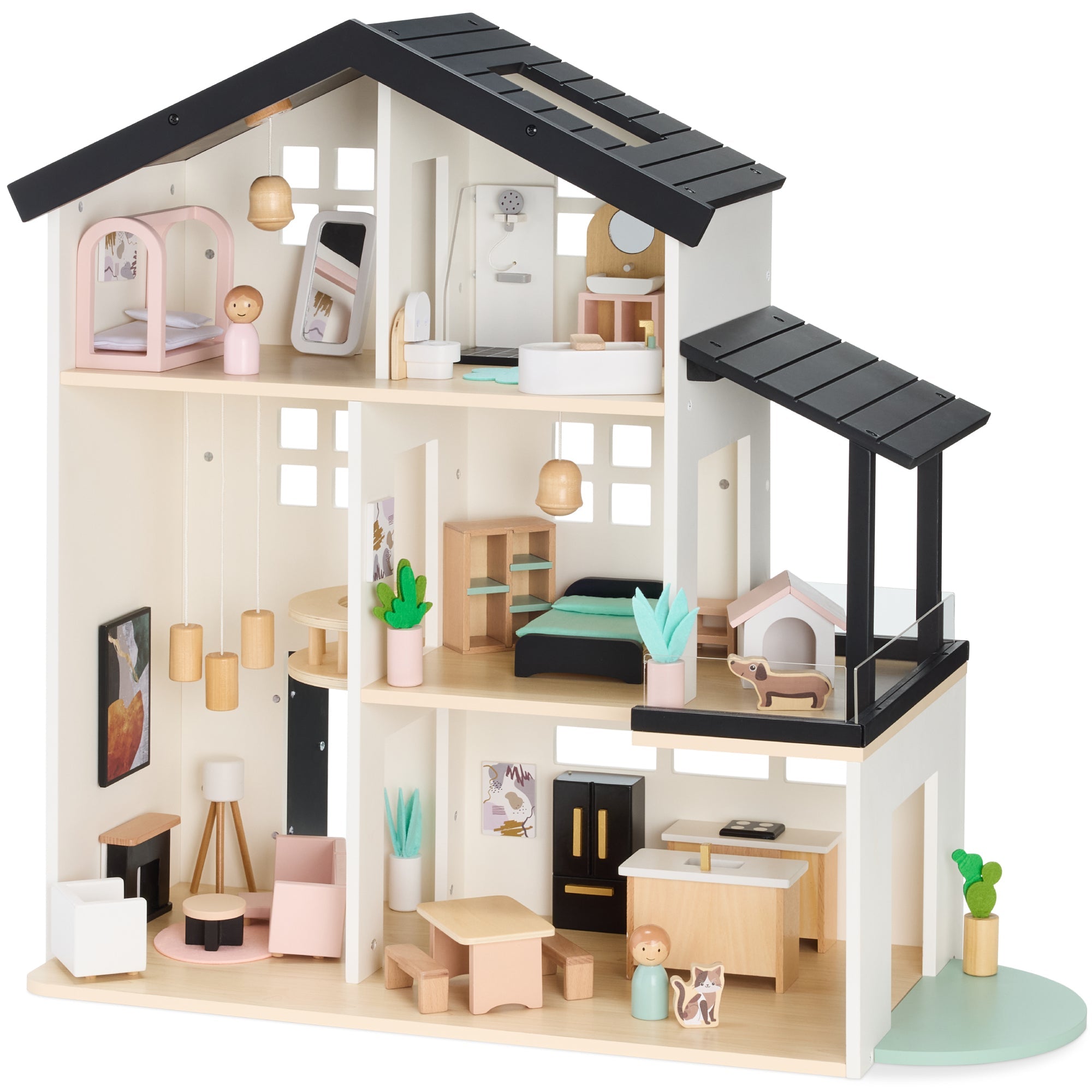 Pretend Play Wooden Doll House with 40 Accessories Modern Toy Playset with fun features for everyday play