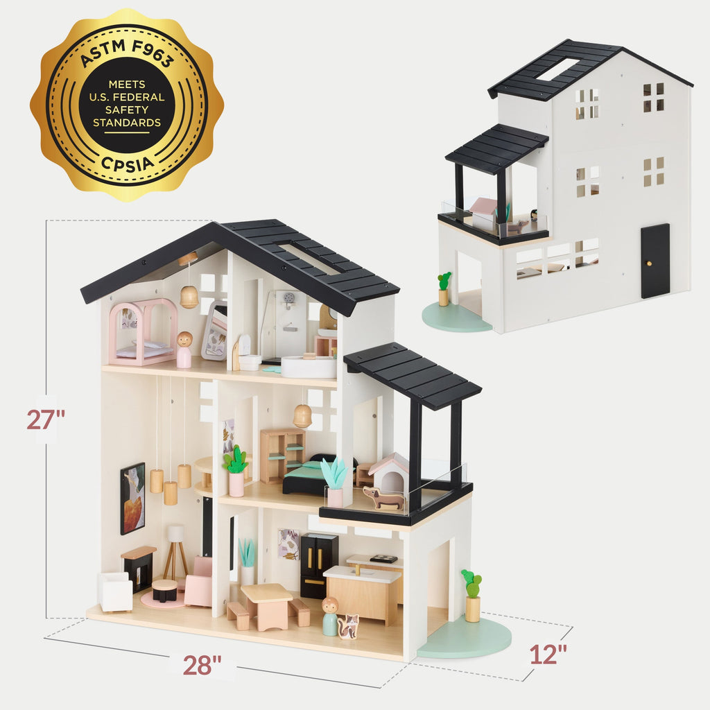 Pretend Play Wooden Doll House with 40 Accessories Modern Toy Playset with fun features for everyday play