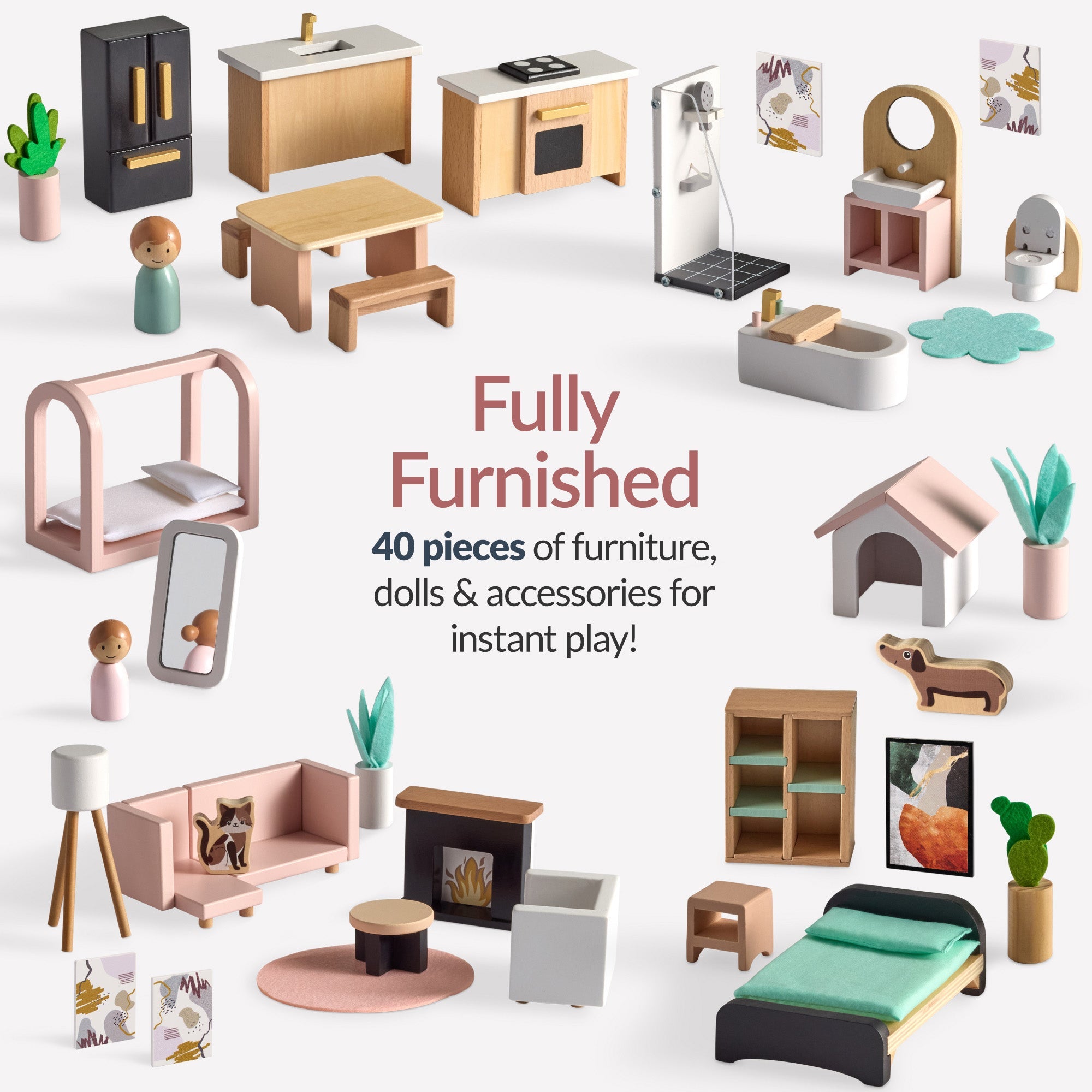 Pretend Play Wooden Doll House with 40 Accessories Modern Toy Playset with fun features for everyday play