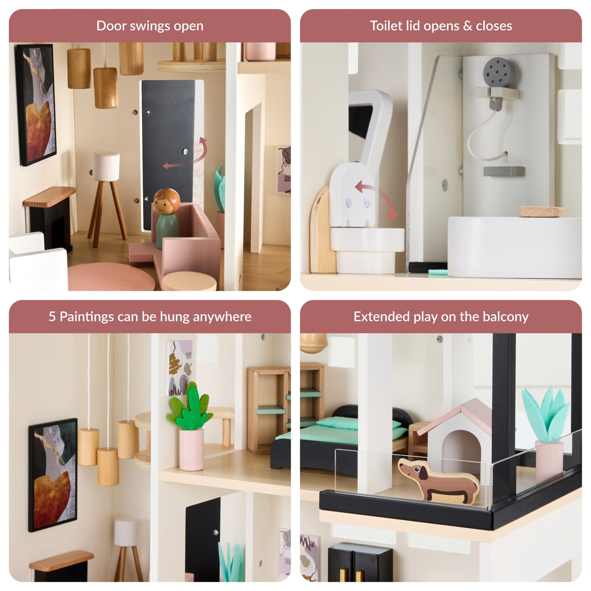 Pretend Play Wooden Doll House with 40 Accessories Modern Toy Playset with fun features for everyday play