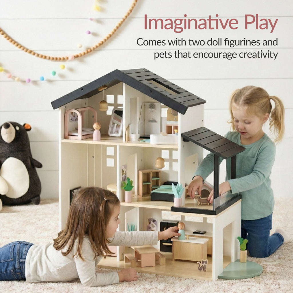 Pretend Play Wooden Doll House with 40 Accessories Modern Toy Playset with fun features for everyday play