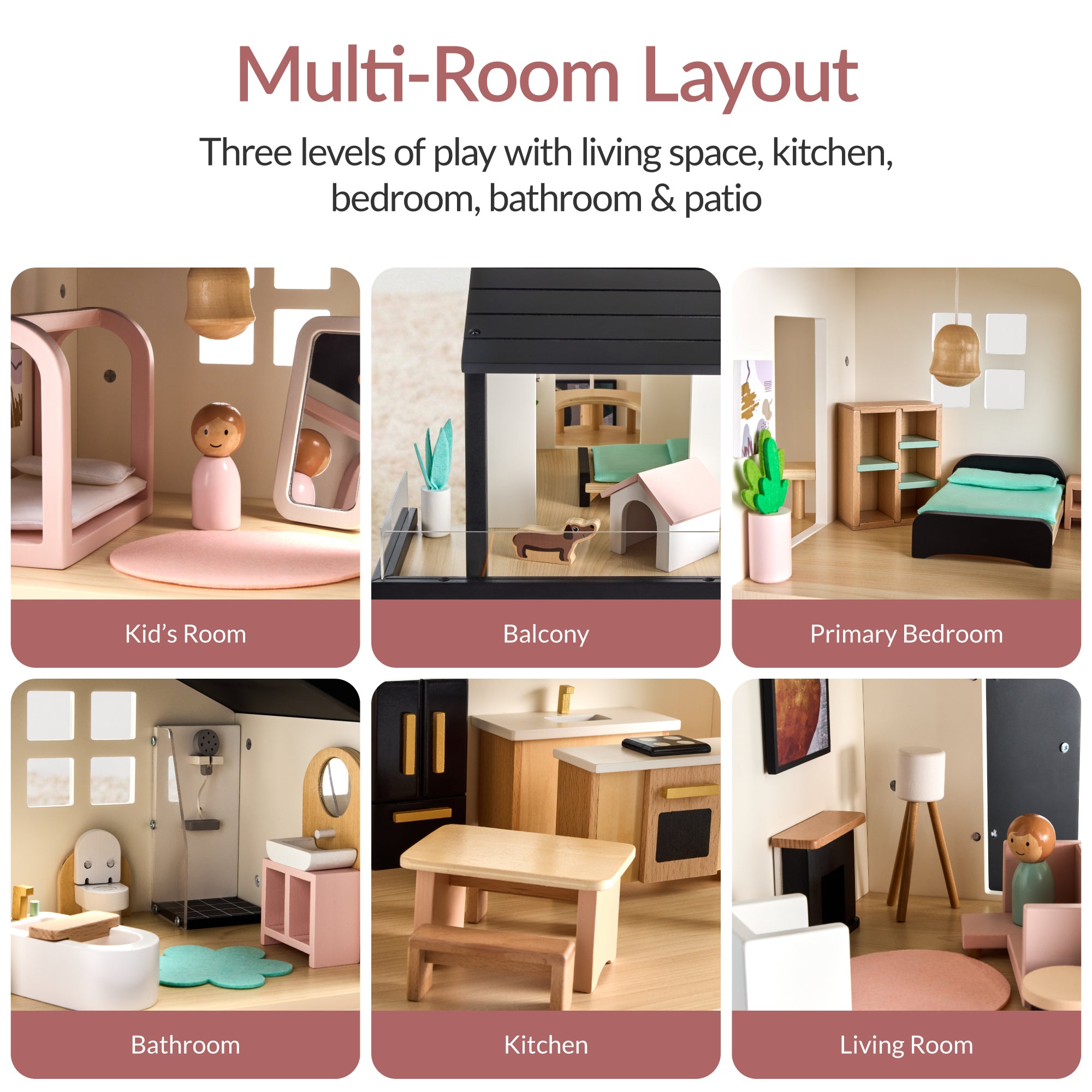 Pretend Play Wooden Doll House with 40 Accessories Modern Toy Playset with fun features for everyday play