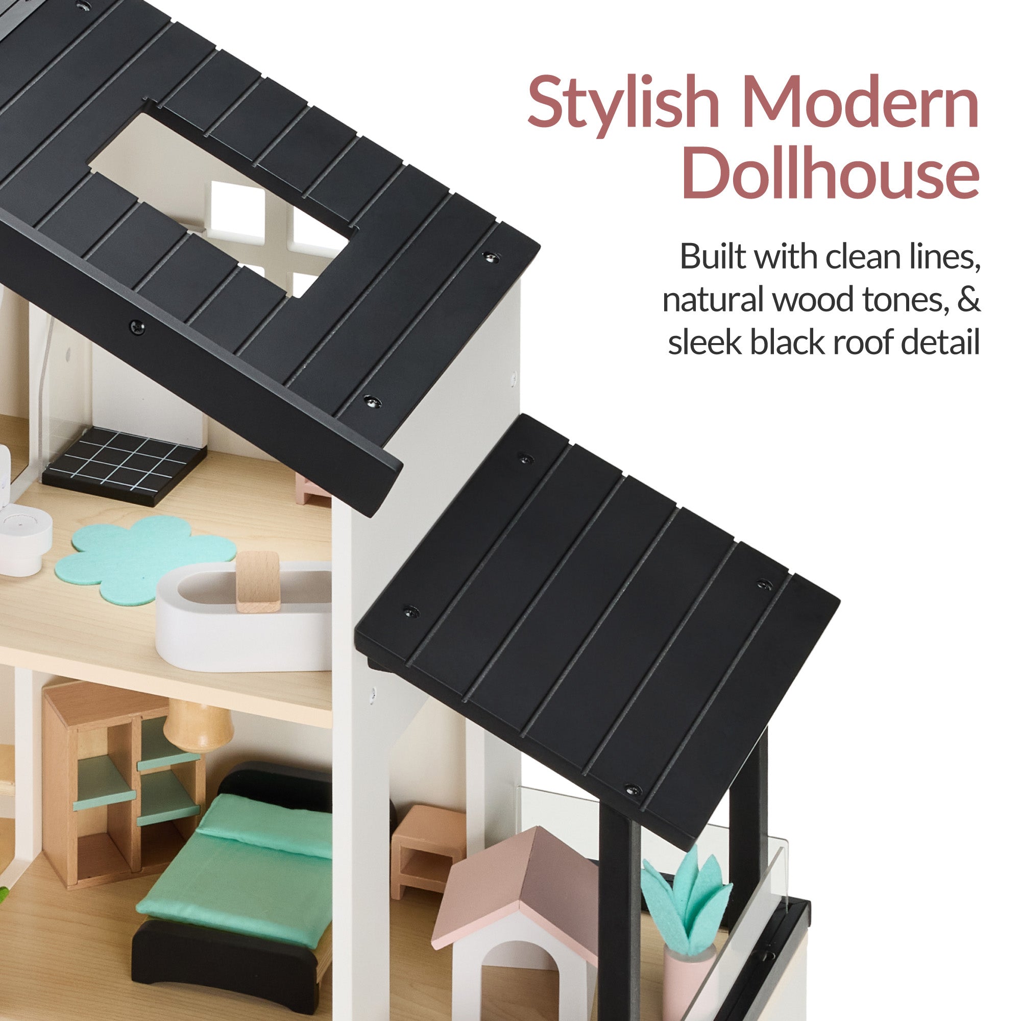 Pretend Play Wooden Doll House with 40 Accessories Modern Toy Playset with fun features for everyday play