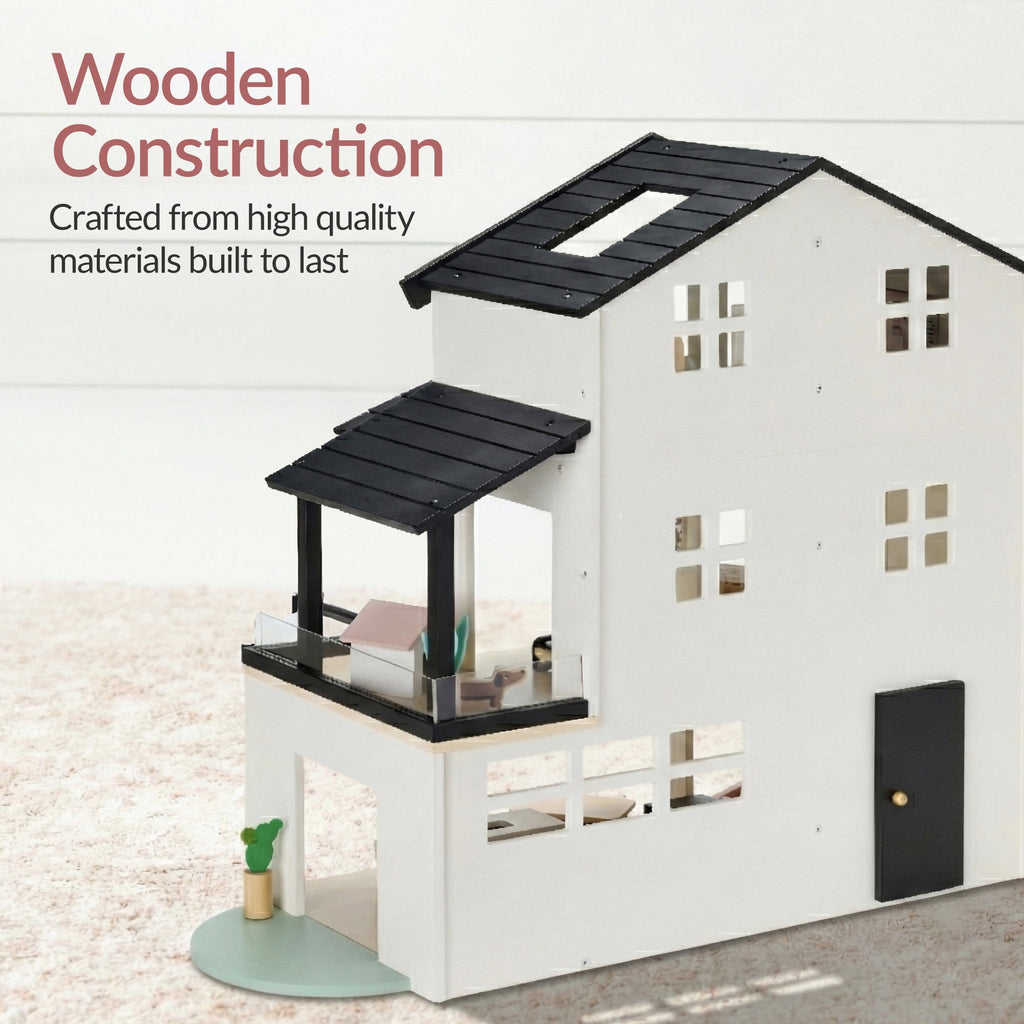 Pretend Play Wooden Doll House with 40 Accessories Modern Toy Playset with fun features for everyday play