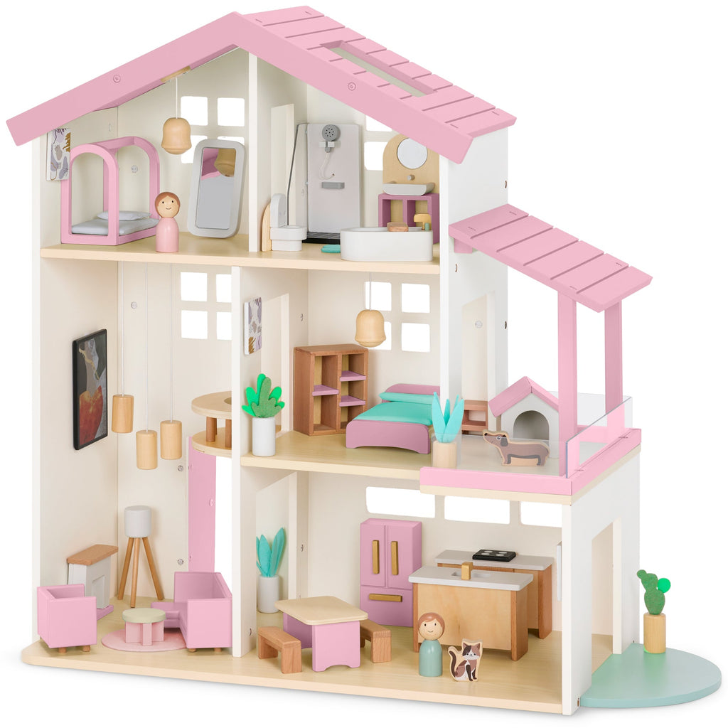 Pretend Play Wooden Doll House with 40 Accessories Modern Toy Playset with fun features for everyday play