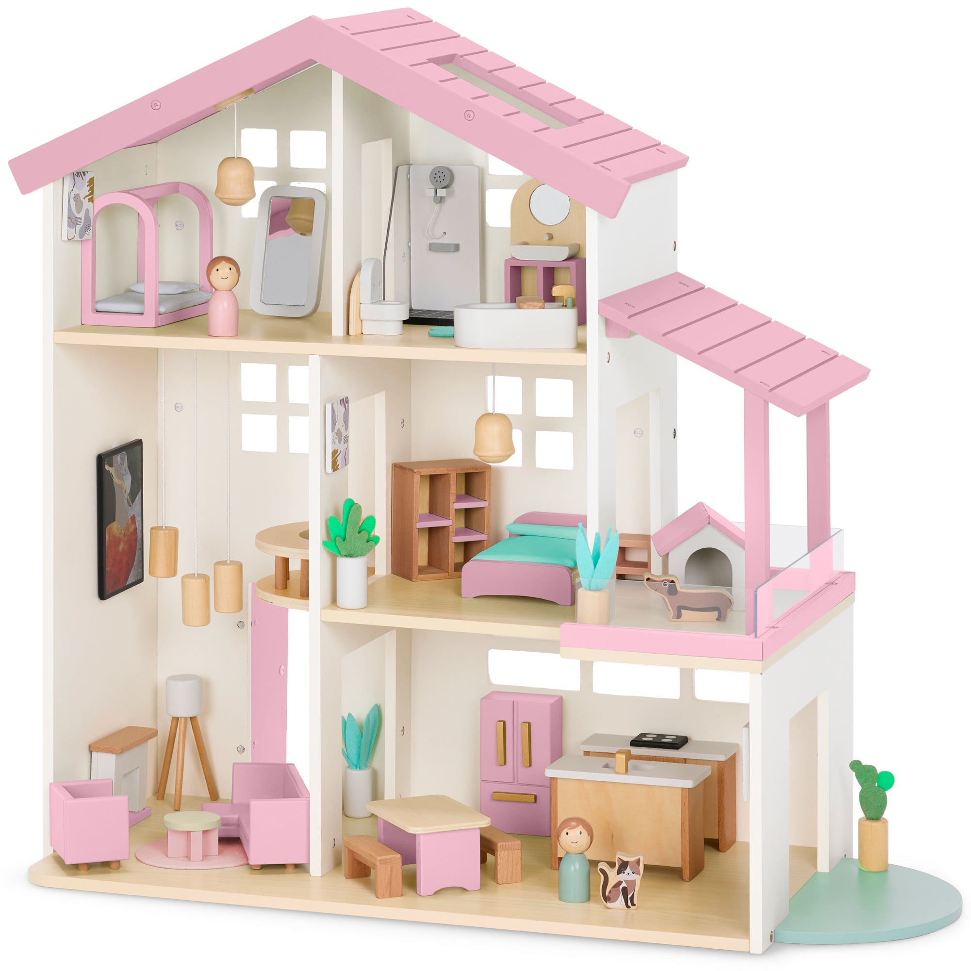 Pretend Play Wooden Doll House with 40 Accessories Modern Toy Playset with fun features for everyday play