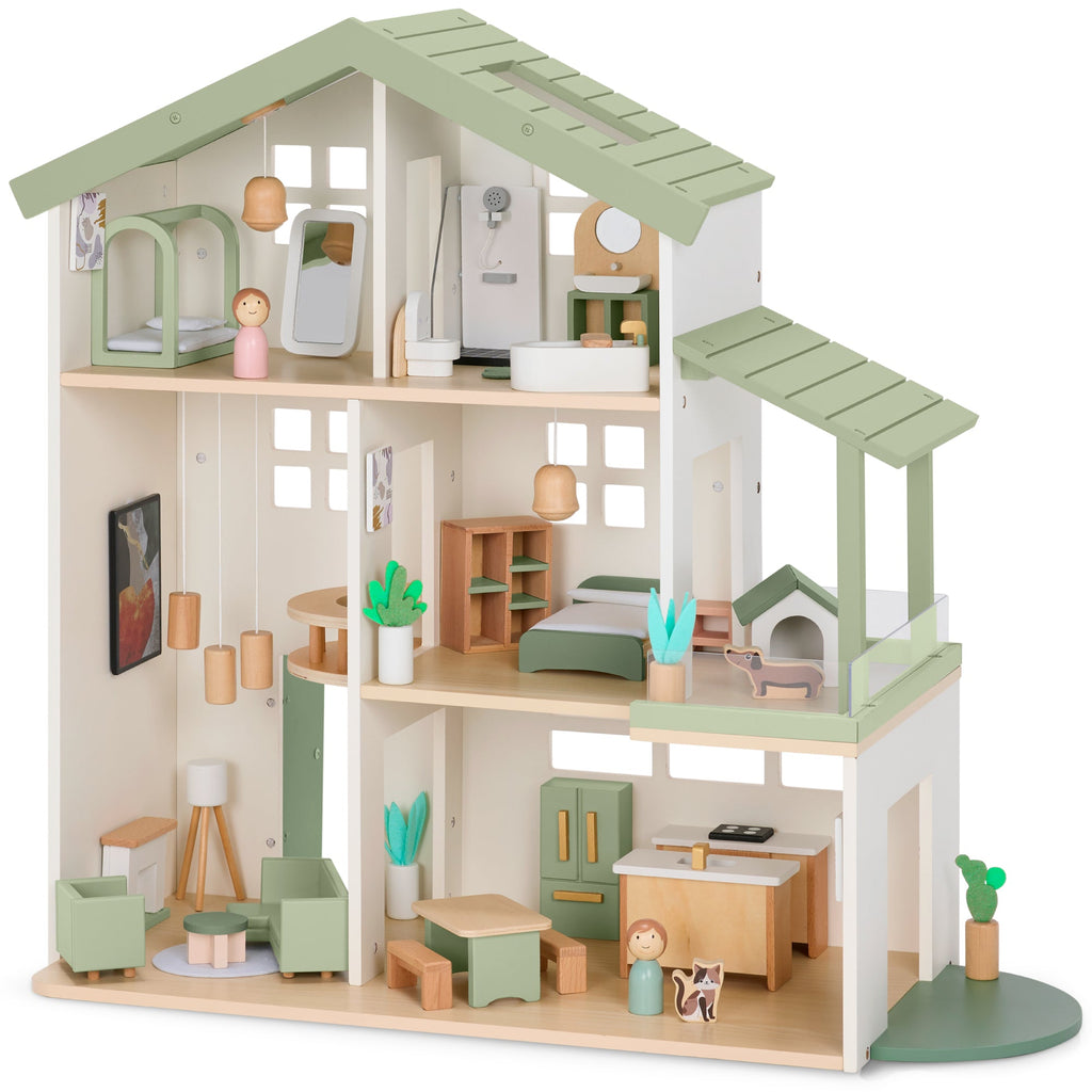 Pretend Play Wooden Doll House with 40 Accessories Modern Toy Playset with fun features for everyday play