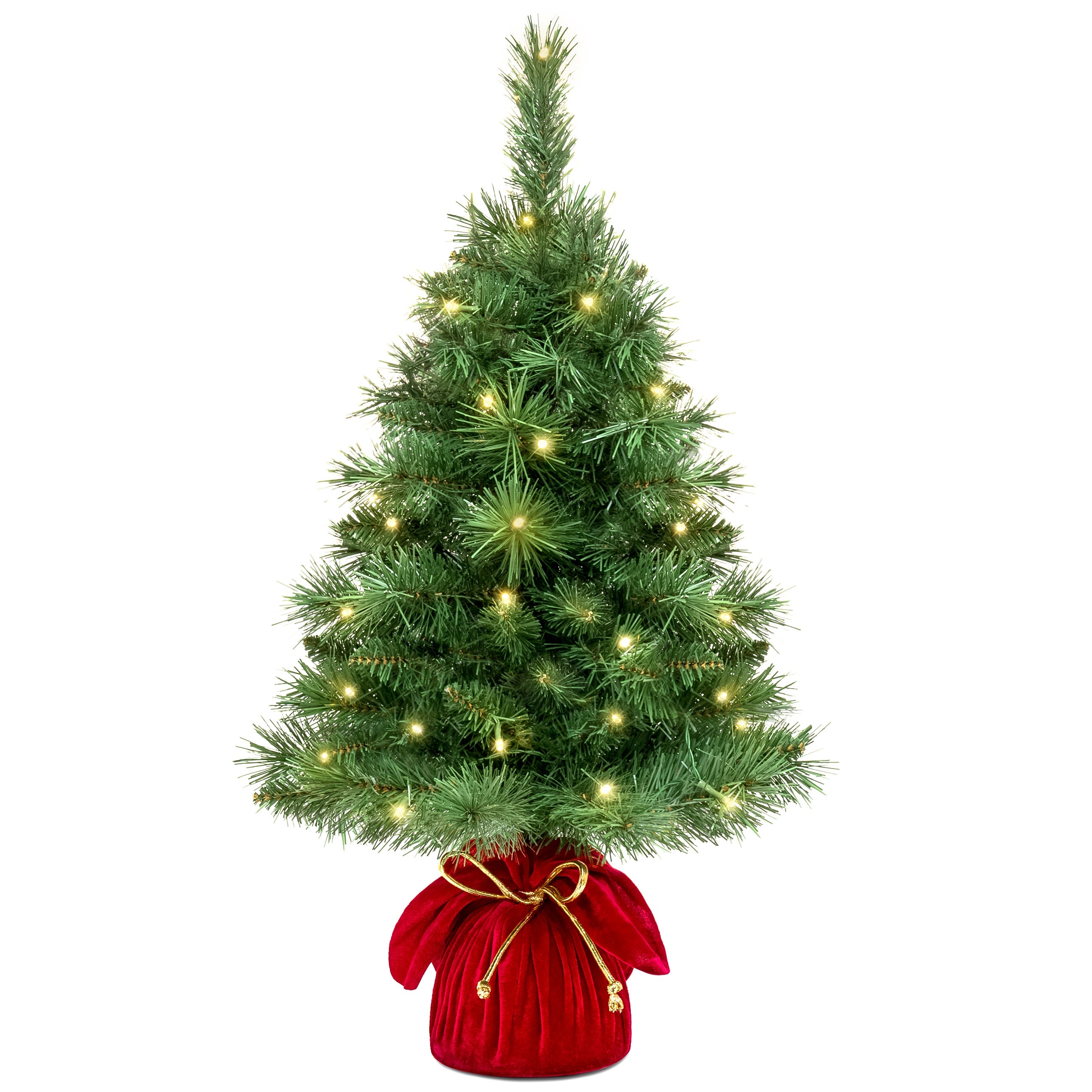Pre-Lit Tabletop Christmas Tree with Red Velvet Cover and Gold Cord for indoor and outdoor holiday displays