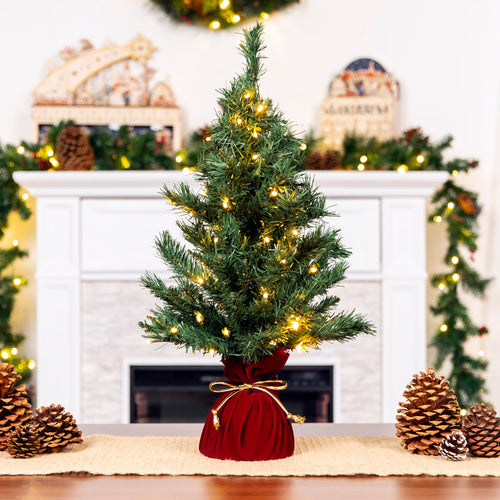 Pre-Lit Tabletop Christmas Tree with Red Velvet Cover and Gold Cord for indoor and outdoor holiday displays