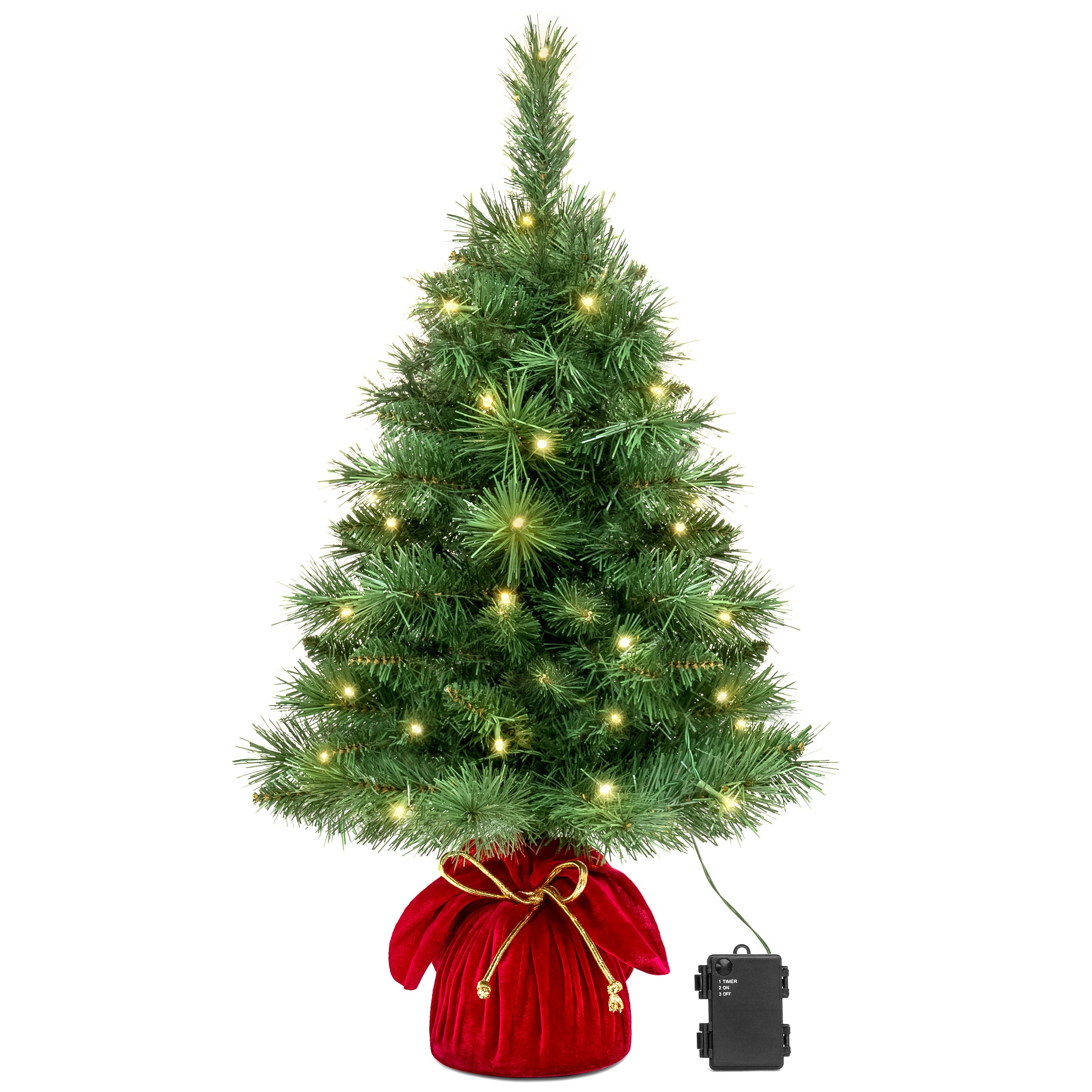 Pre-Lit Tabletop Christmas Tree with Red Velvet Cover and Gold Cord for indoor and outdoor holiday displays