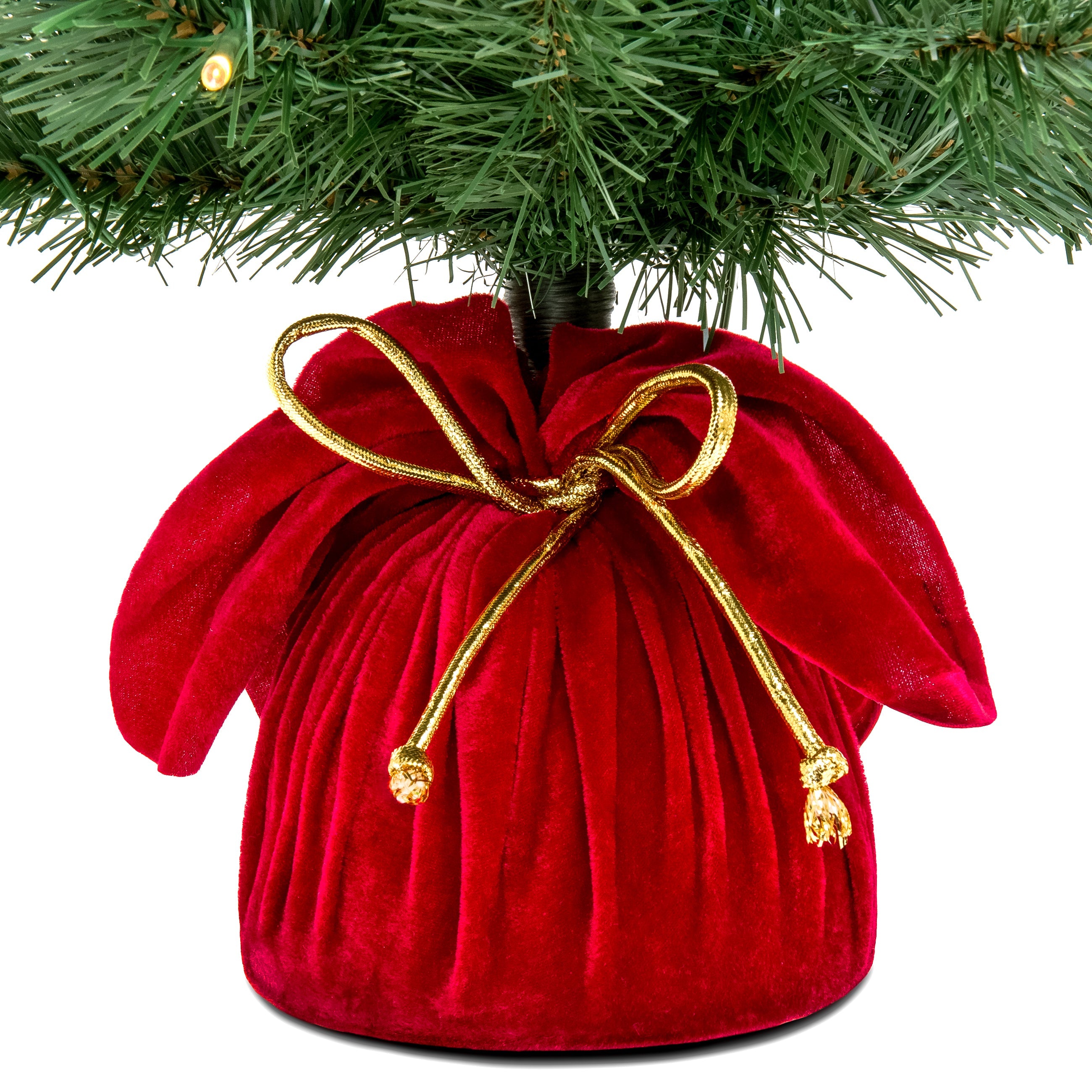 Pre-Lit Tabletop Christmas Tree with Red Velvet Cover and Gold Cord for indoor and outdoor holiday displays