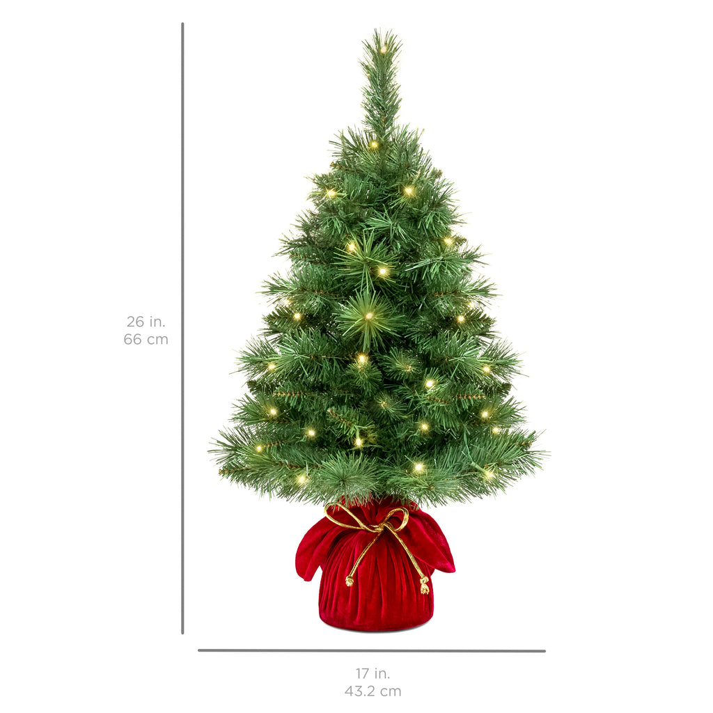 Pre-Lit Tabletop Christmas Tree with Red Velvet Cover and Gold Cord for indoor and outdoor holiday displays