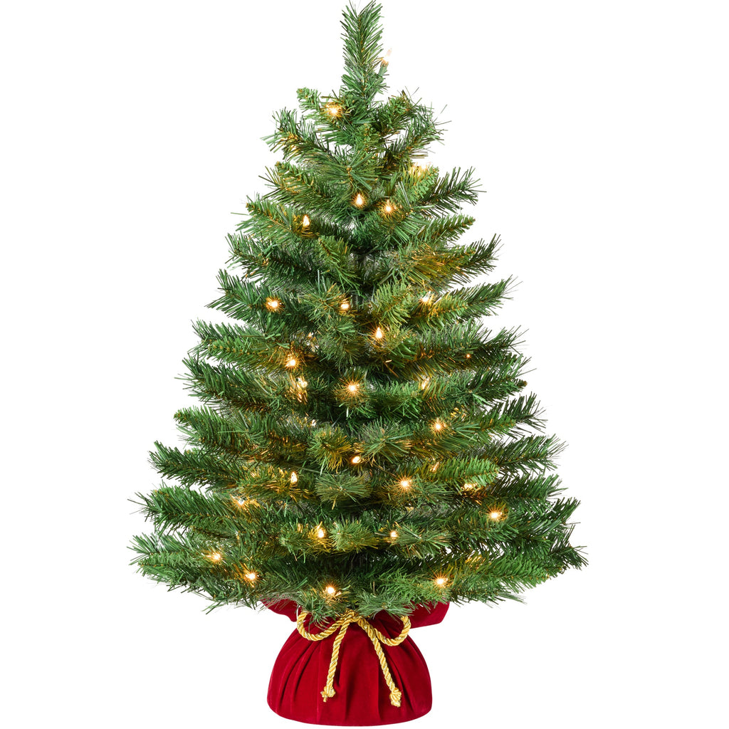 Pre-Lit Tabletop Christmas Tree with Red Velvet Cover and Gold Cord for festive seasonal decorating
