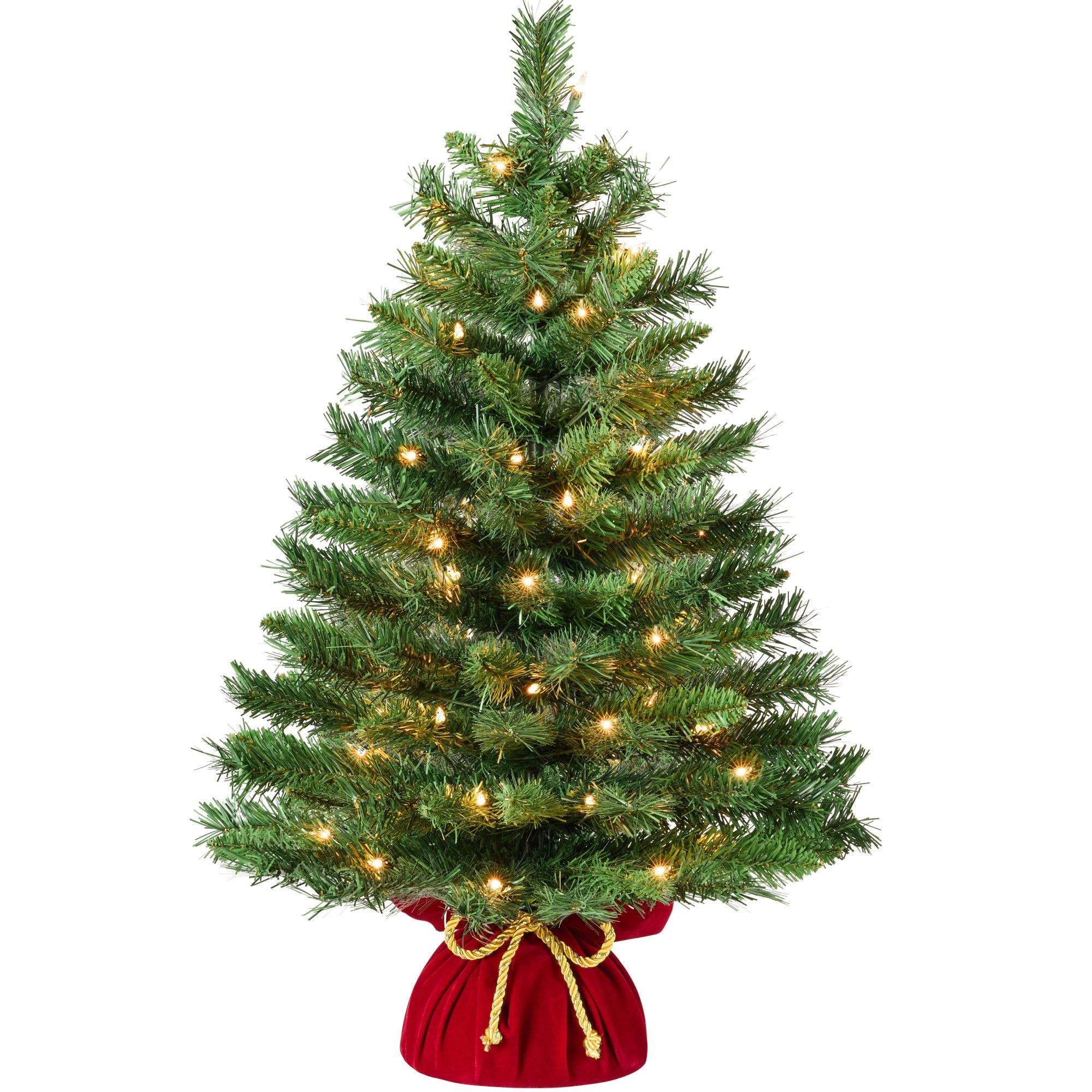Pre-Lit Tabletop Christmas Tree with Red Velvet Cover and Gold Cord for festive seasonal decorating