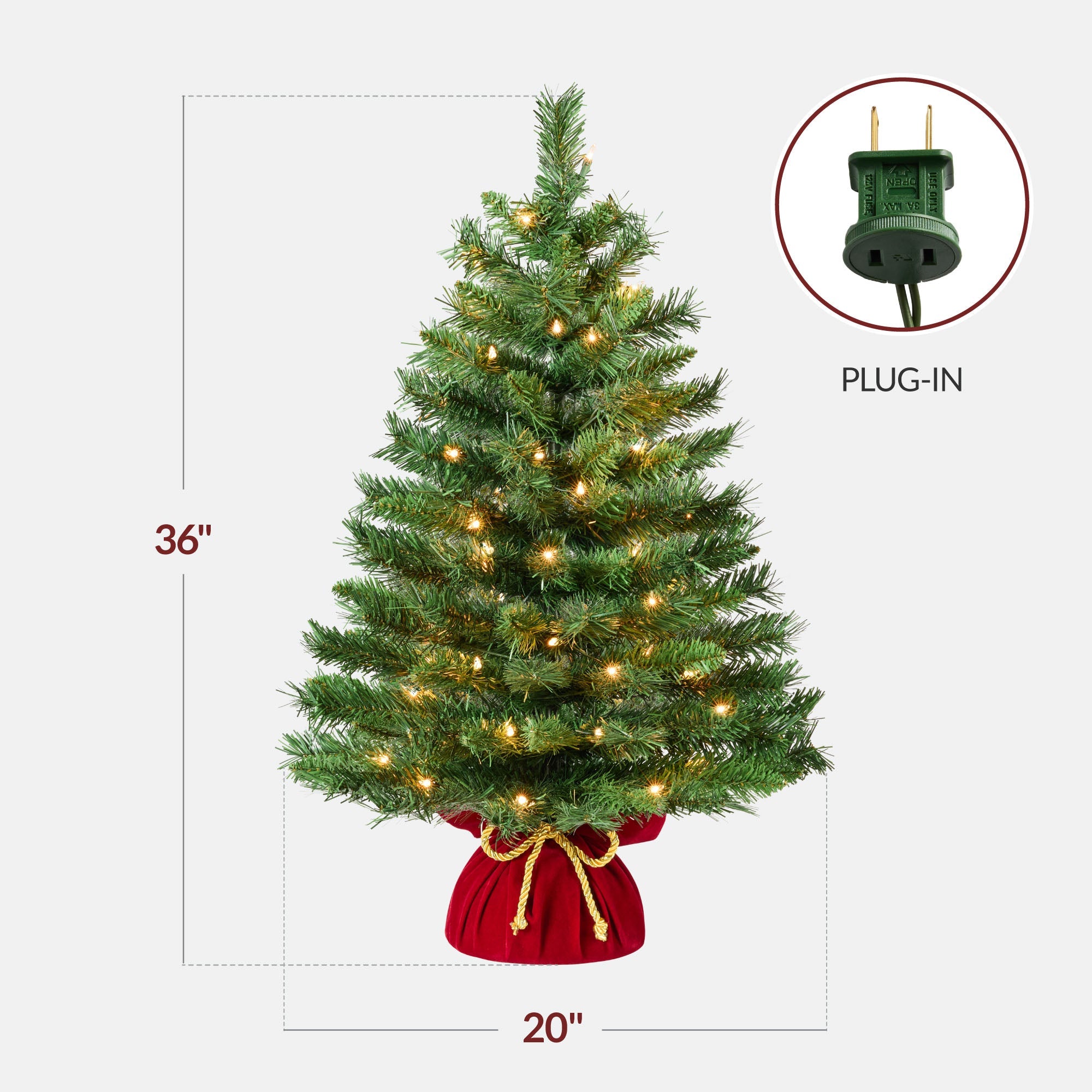 Pre-Lit Tabletop Christmas Tree with Red Velvet Cover and Gold Cord for festive seasonal decorating
