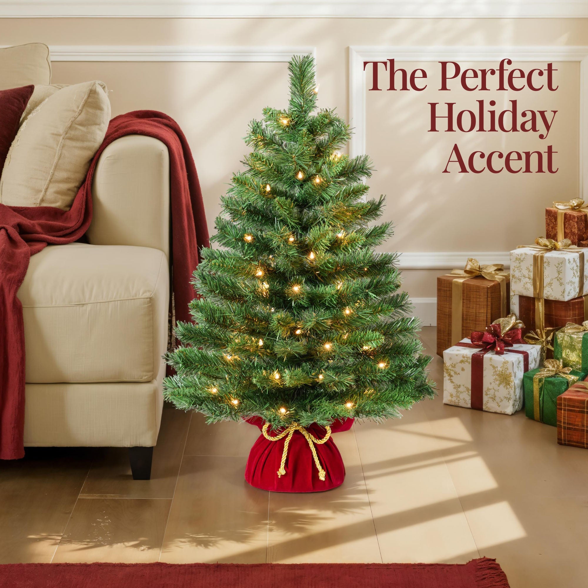 Pre-Lit Tabletop Christmas Tree with Red Velvet Cover and Gold Cord for festive seasonal decorating