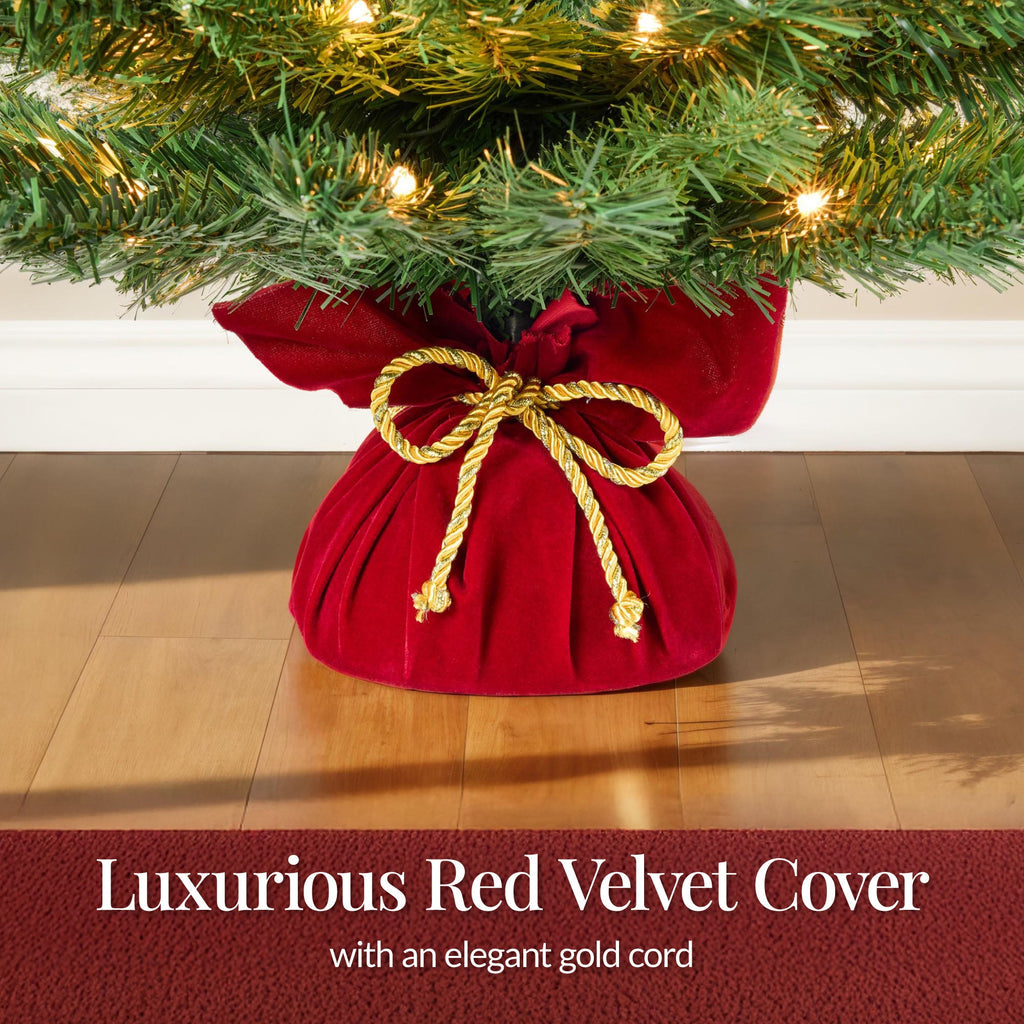 Pre-Lit Tabletop Christmas Tree with Red Velvet Cover and Gold Cord for festive seasonal decorating