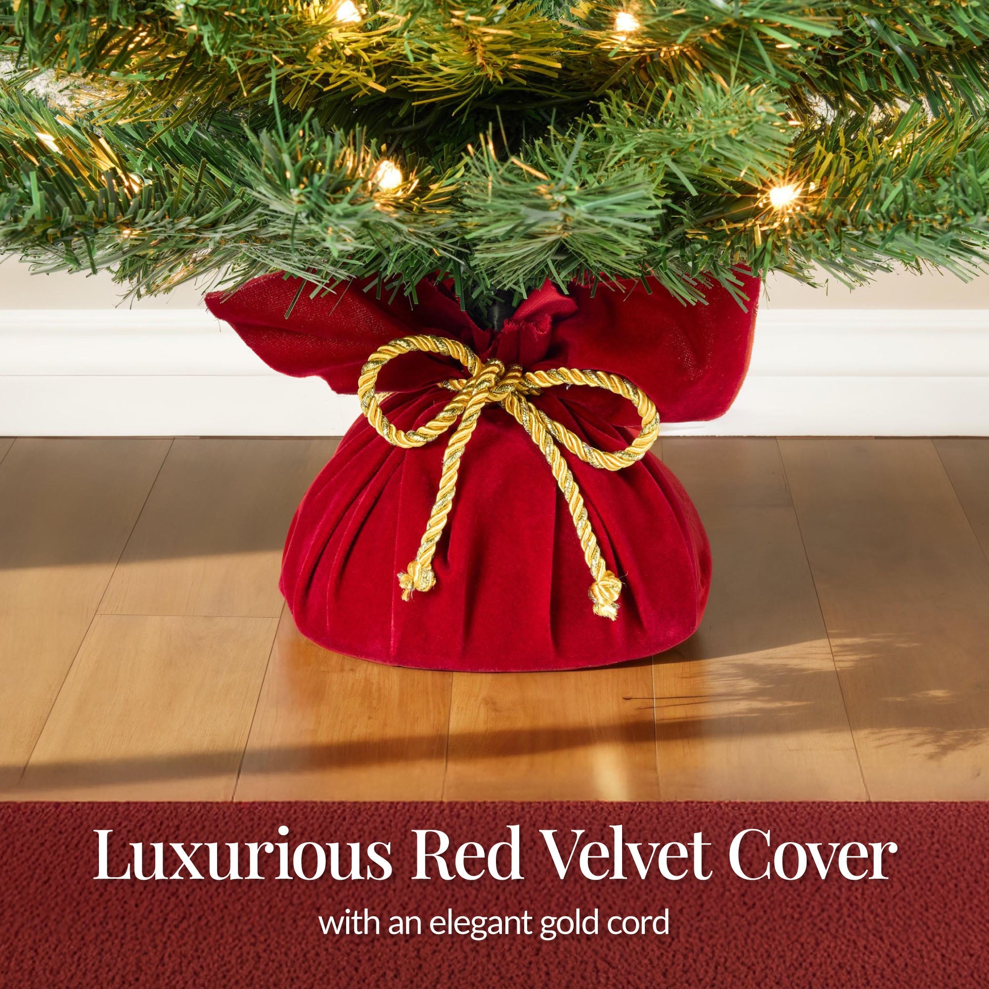 Pre-Lit Tabletop Christmas Tree with Red Velvet Cover and Gold Cord for festive seasonal decorating