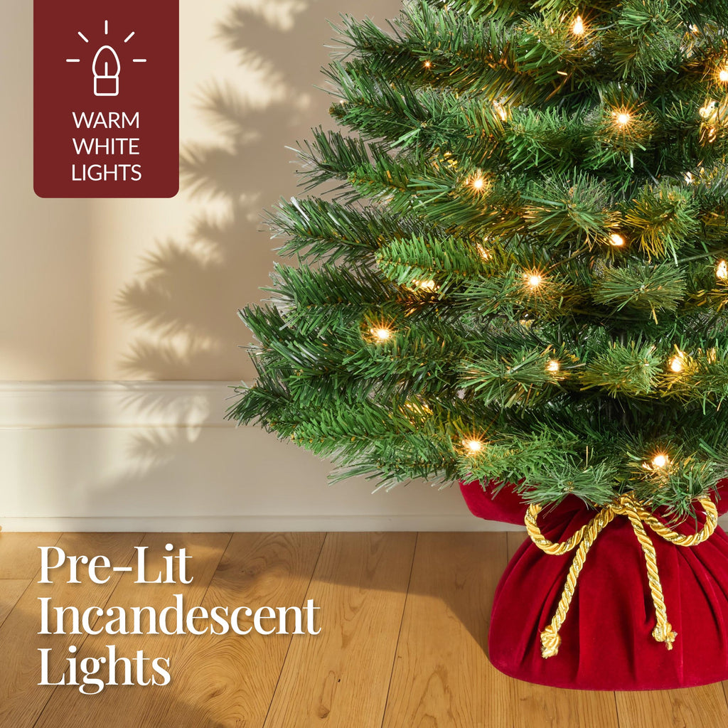 Pre-Lit Tabletop Christmas Tree with Red Velvet Cover and Gold Cord for festive seasonal decorating