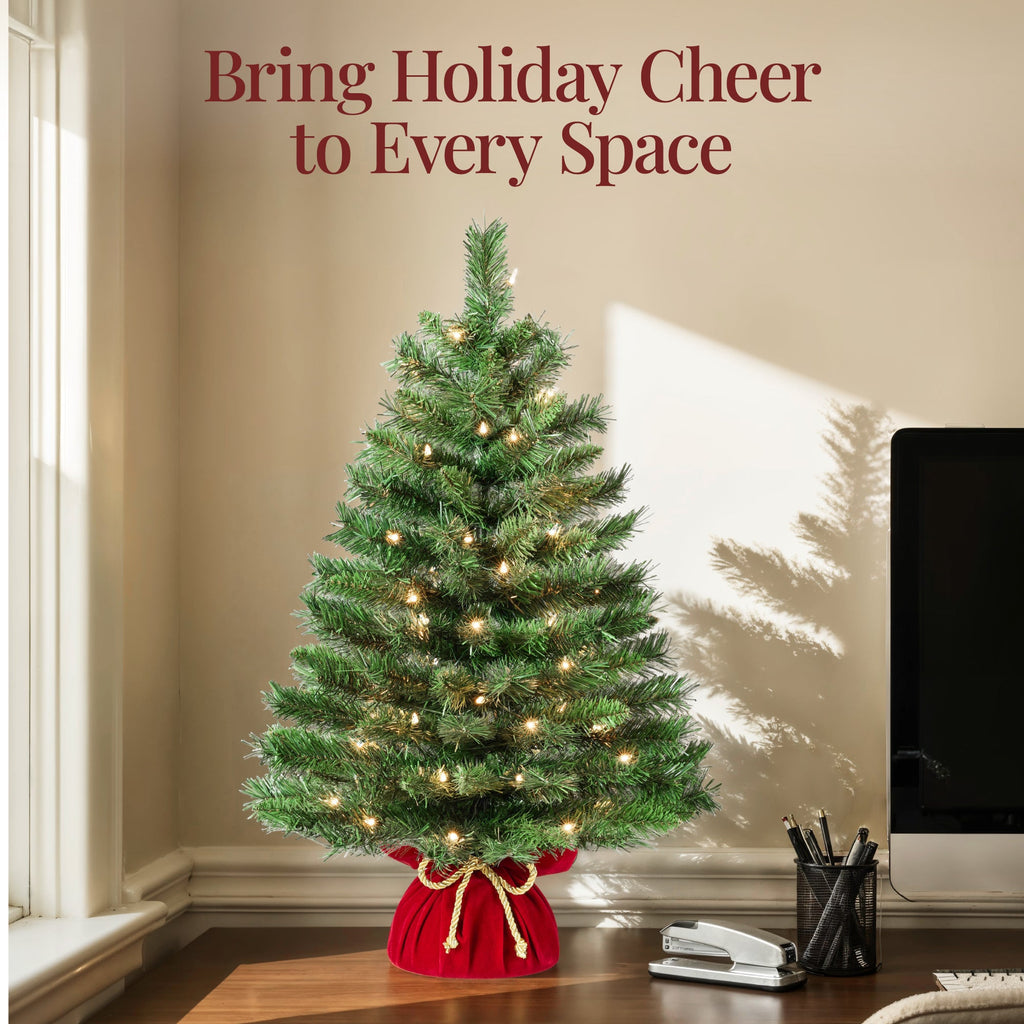 Pre-Lit Tabletop Christmas Tree with Red Velvet Cover and Gold Cord for festive seasonal decorating