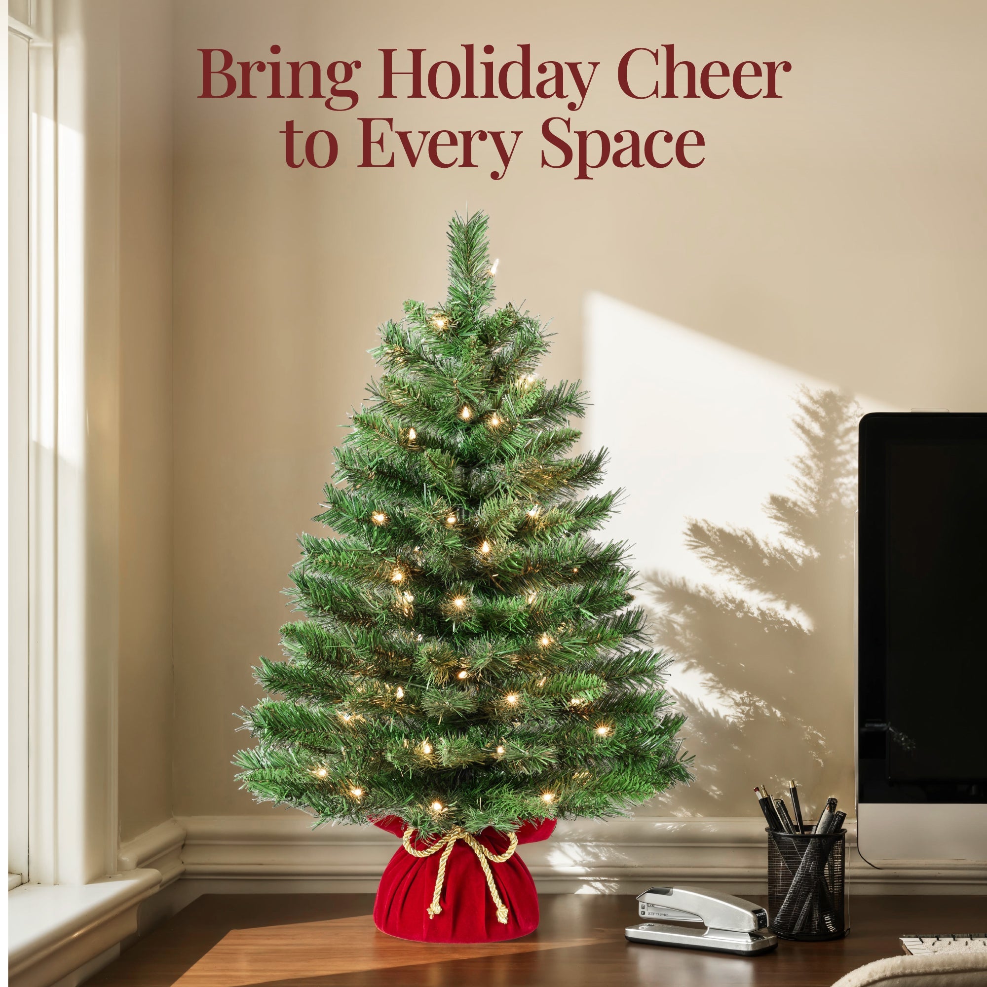 Pre-Lit Tabletop Christmas Tree with Red Velvet Cover and Gold Cord for festive seasonal decorating