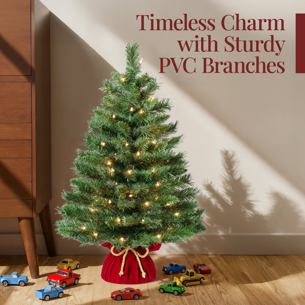 Pre-Lit Tabletop Christmas Tree with Red Velvet Cover and Gold Cord for festive seasonal decorating