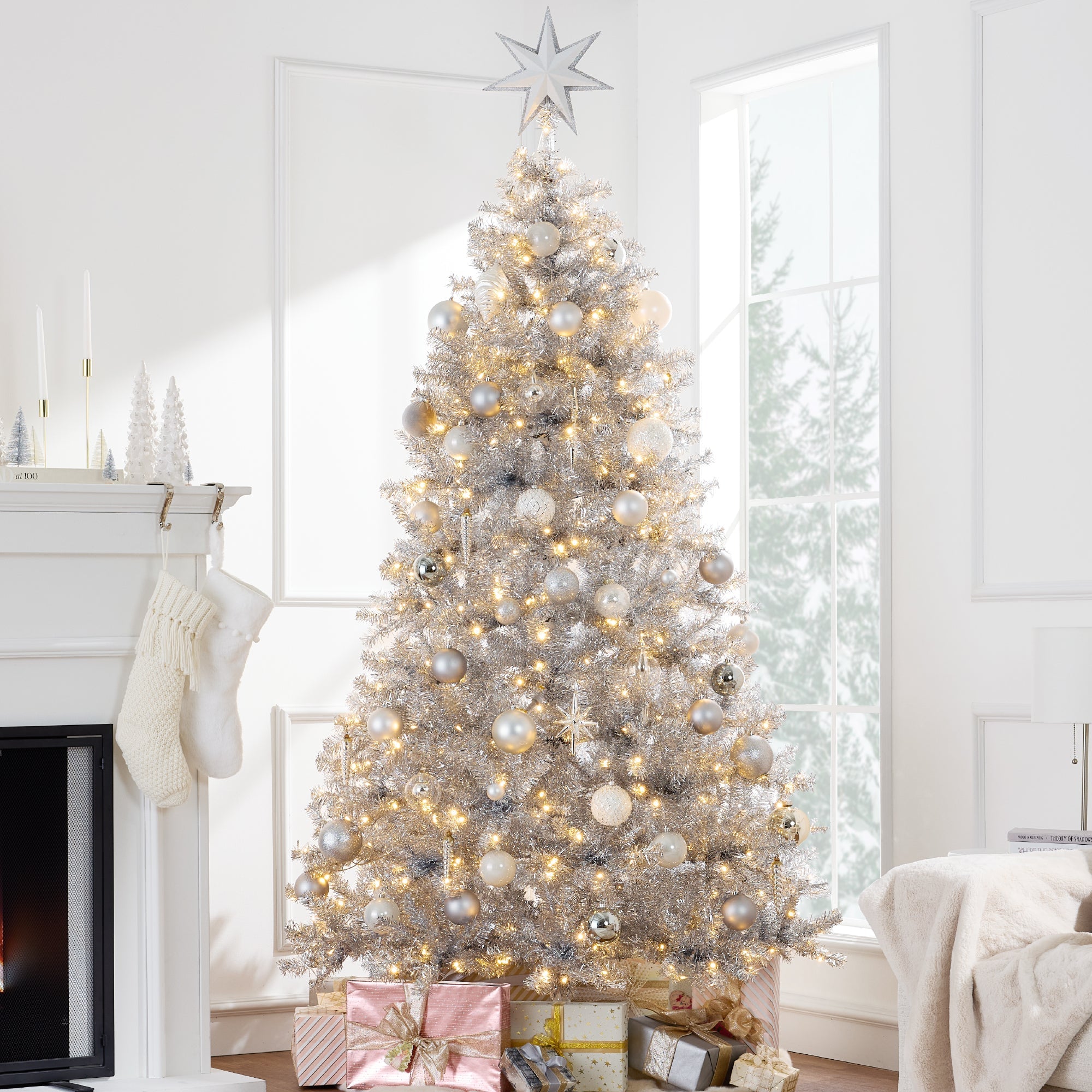Prelit Silver Artificial Tinsel Christmas Tree with Foldable Stand for festive seasonal decorating