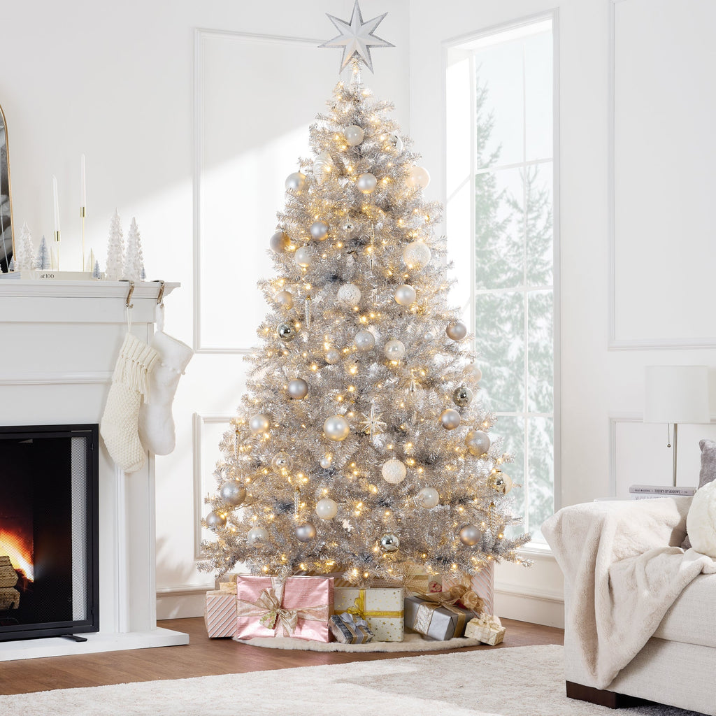 Prelit Silver Artificial Tinsel Christmas Tree with Foldable Stand for festive seasonal decorating