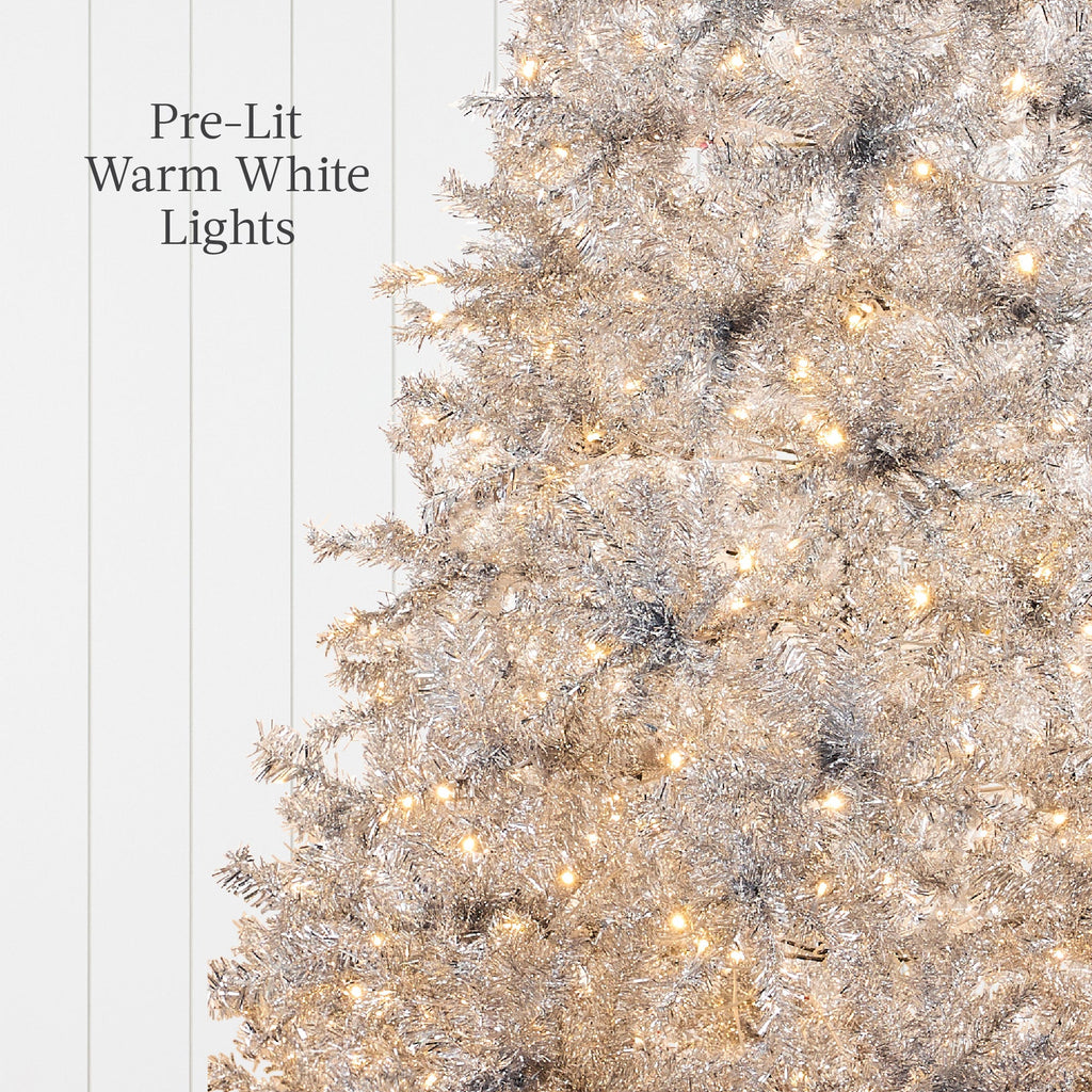 Prelit Silver Artificial Tinsel Christmas Tree with Foldable Stand for festive seasonal decorating