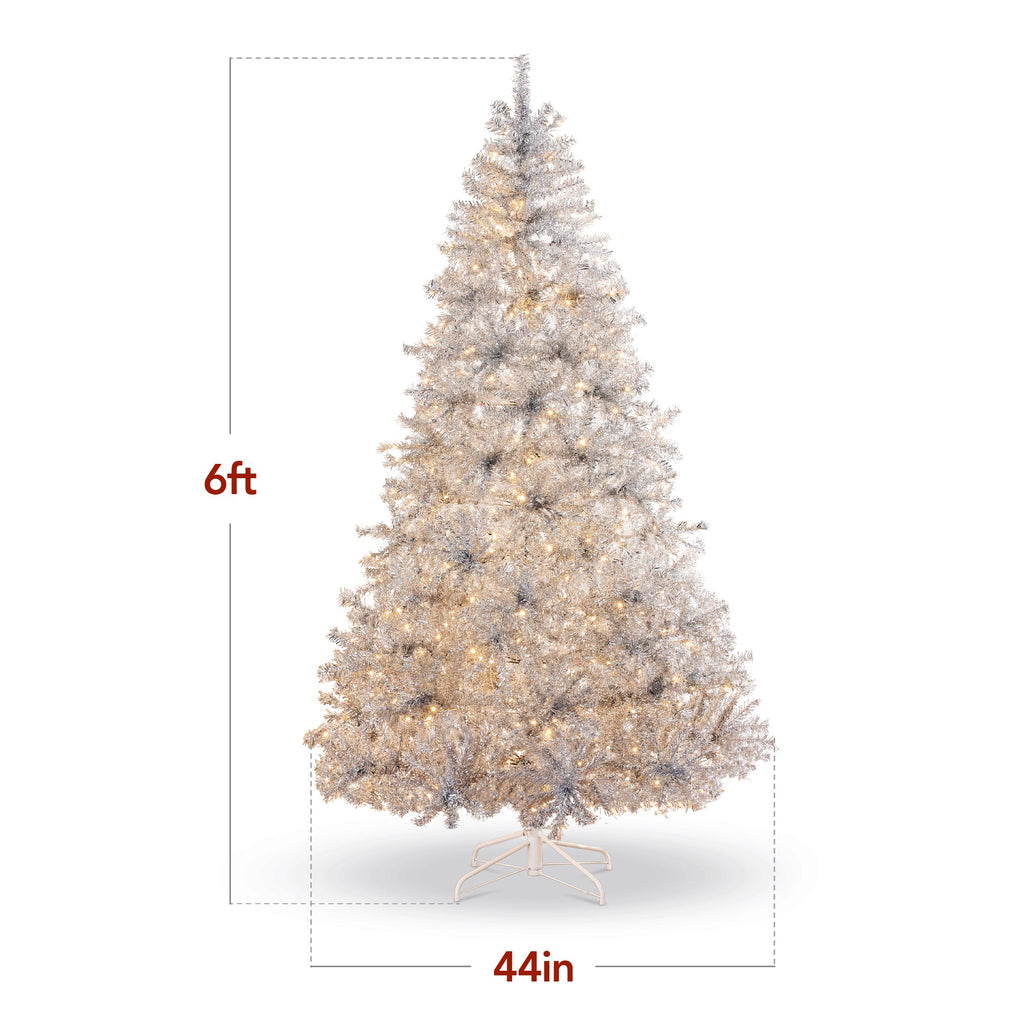 Prelit Silver Artificial Tinsel Christmas Tree with Foldable Stand for festive seasonal decorating