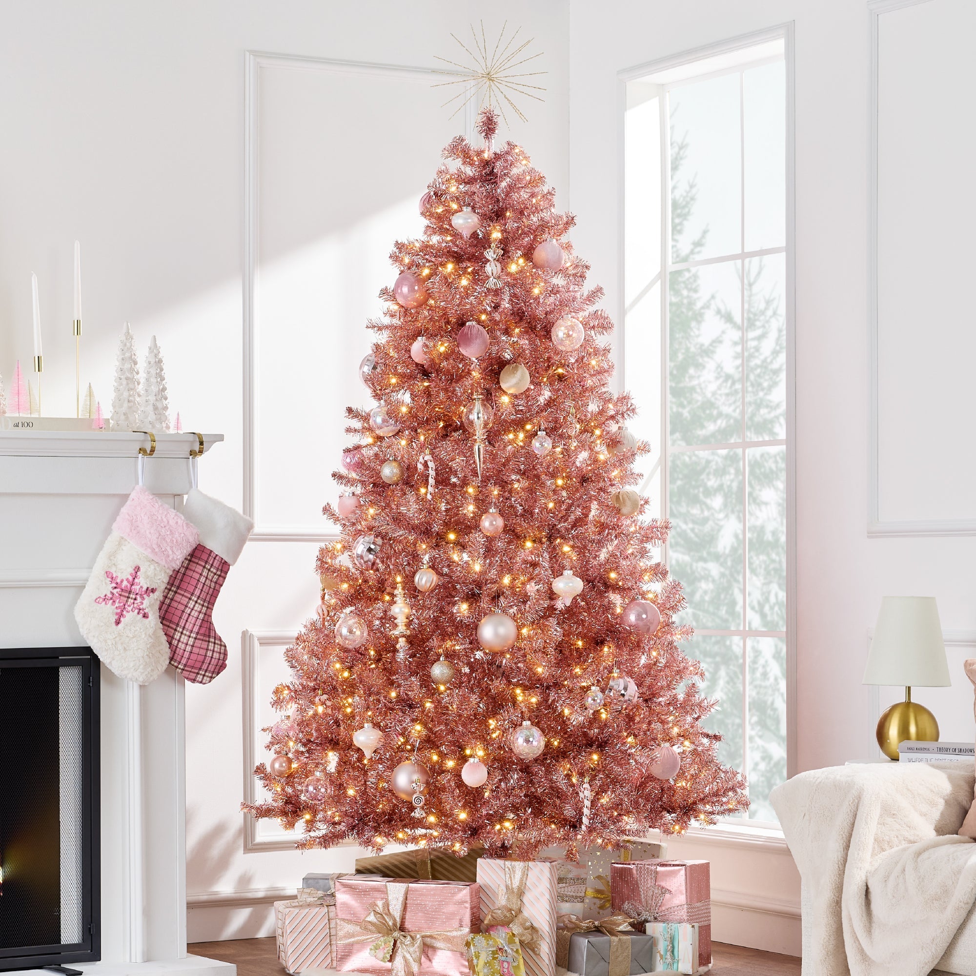 Prelit Pink Artificial Tinsel Christmas Tree with Foldable Stand with eye-catching holiday style