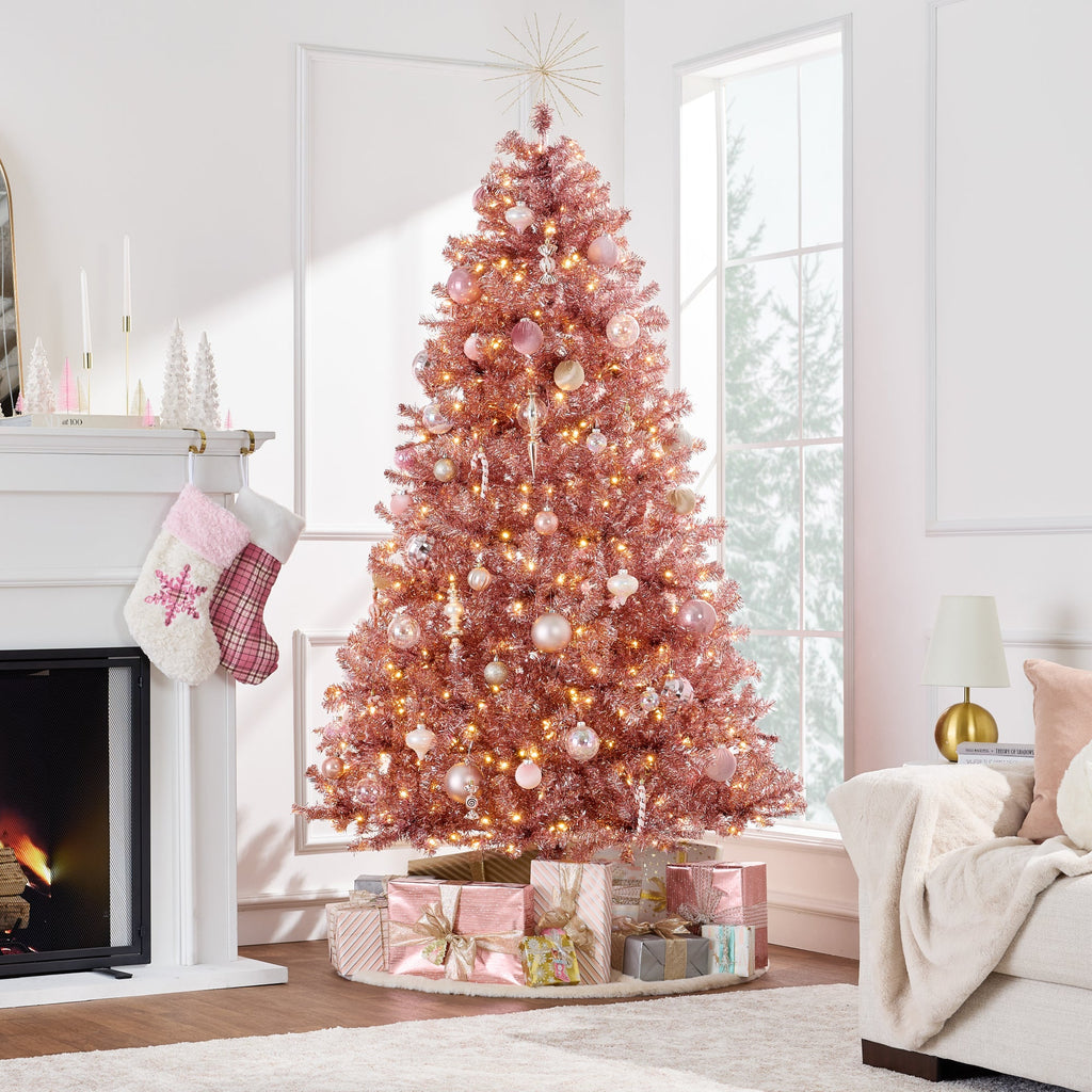 Prelit Pink Artificial Tinsel Christmas Tree with Foldable Stand with eye-catching holiday style