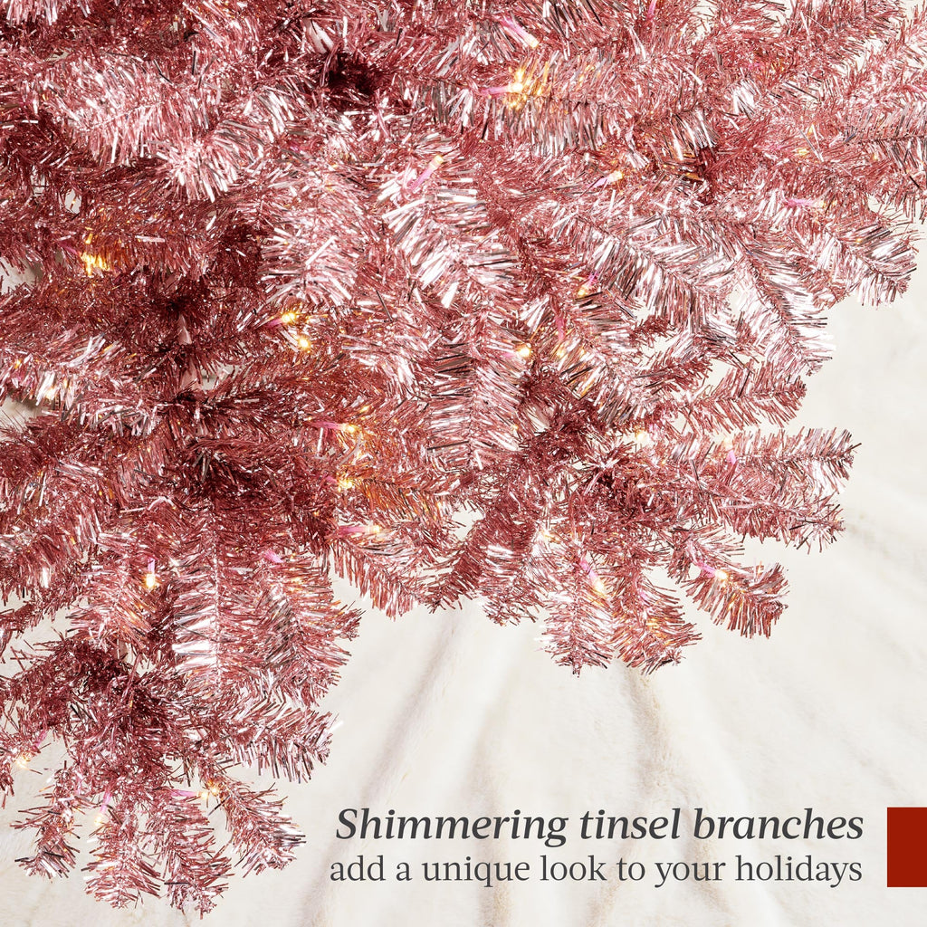 Prelit Pink Artificial Tinsel Christmas Tree with Foldable Stand with eye-catching holiday style