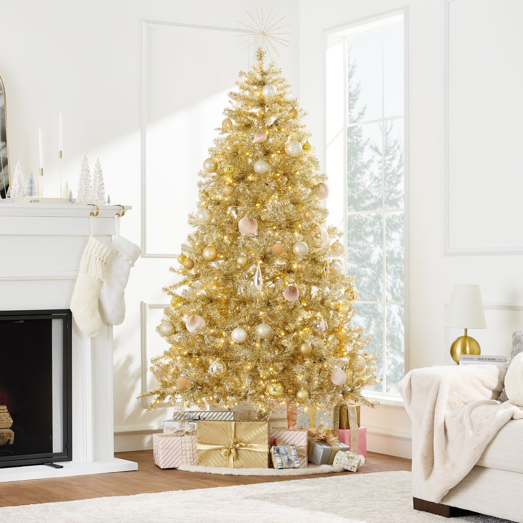 Prelit Gold Artificial Tinsel Christmas Tree with Foldable Stand for festive seasonal decorating