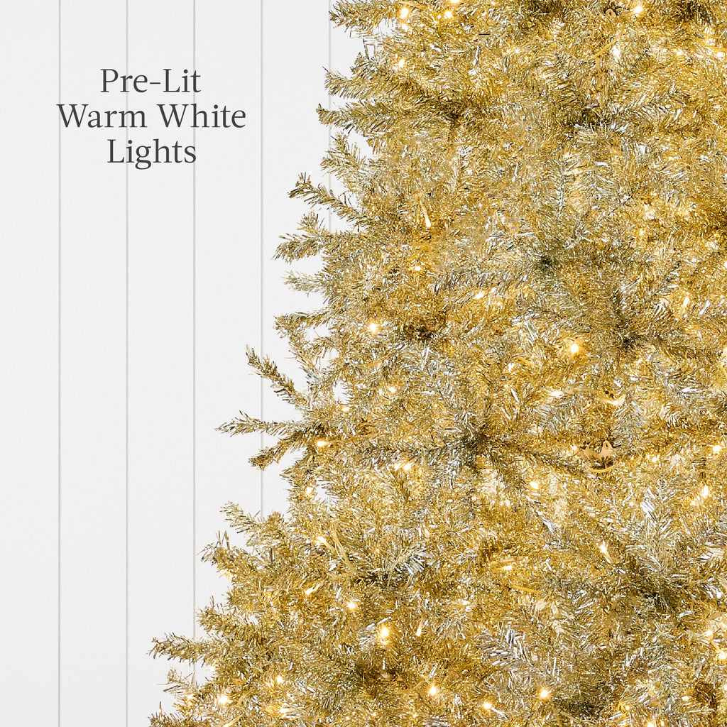 Prelit Gold Artificial Tinsel Christmas Tree with Foldable Stand for festive seasonal decorating