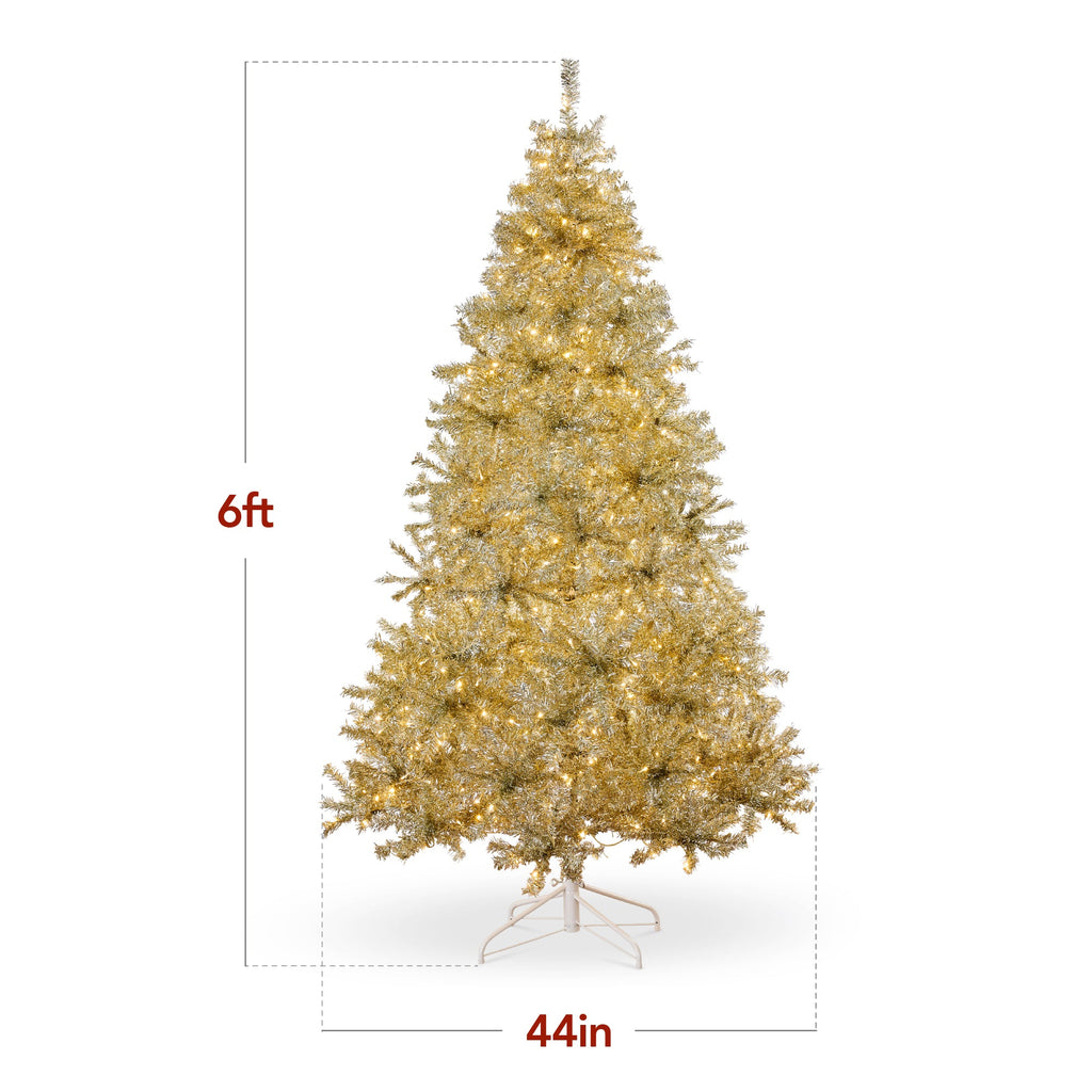 Prelit Gold Artificial Tinsel Christmas Tree with Foldable Stand for festive seasonal decorating