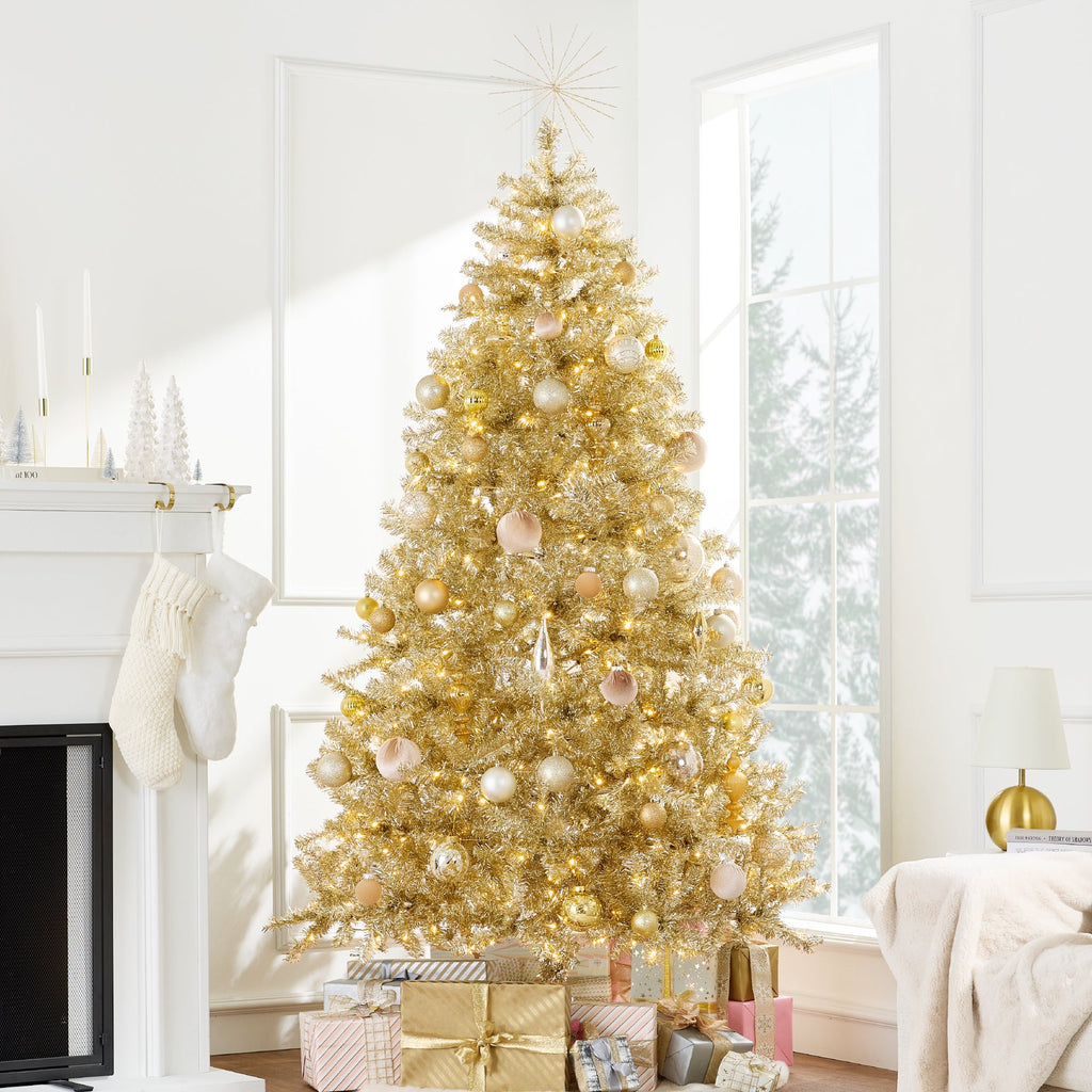 Prelit Gold Artificial Tinsel Christmas Tree with Foldable Stand for festive seasonal decorating