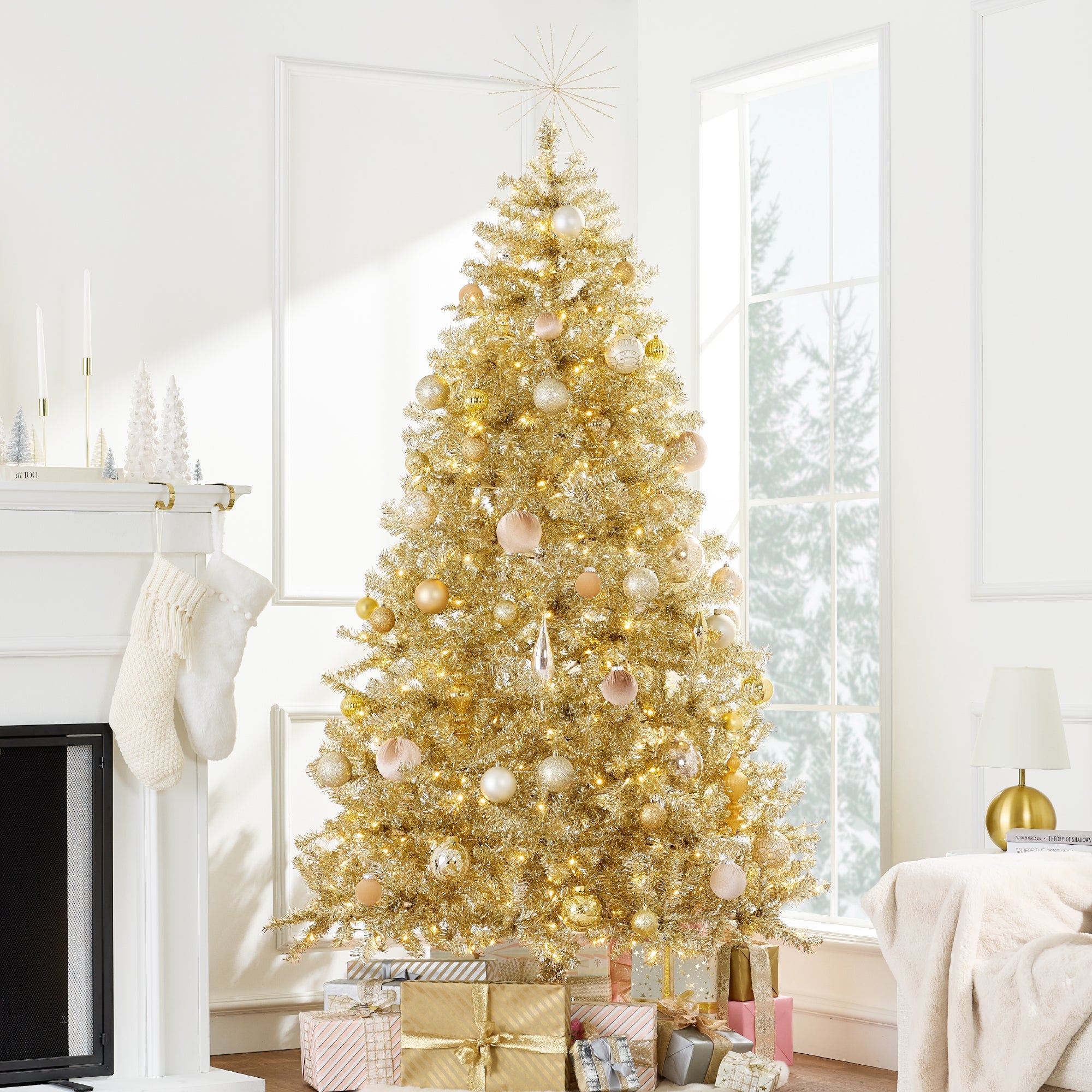 Prelit Gold Artificial Tinsel Christmas Tree with Foldable Stand for festive seasonal decorating