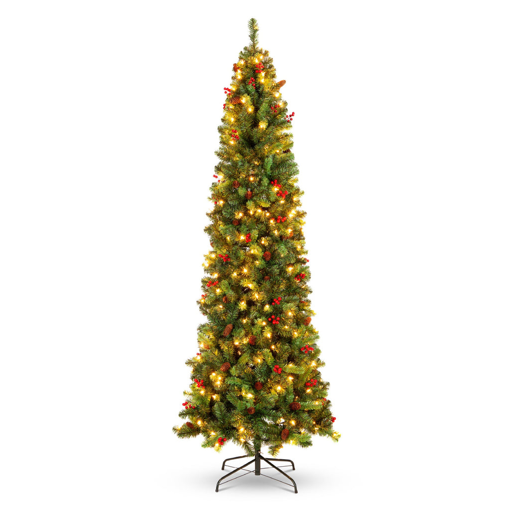 Pre-Lit Spruce Pencil Christmas Tree with Berries Pine Cones with eye-catching holiday style