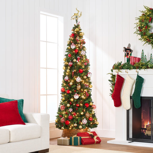 Pre-Lit Spruce Pencil Christmas Tree with Berries Pine Cones with eye-catching holiday style