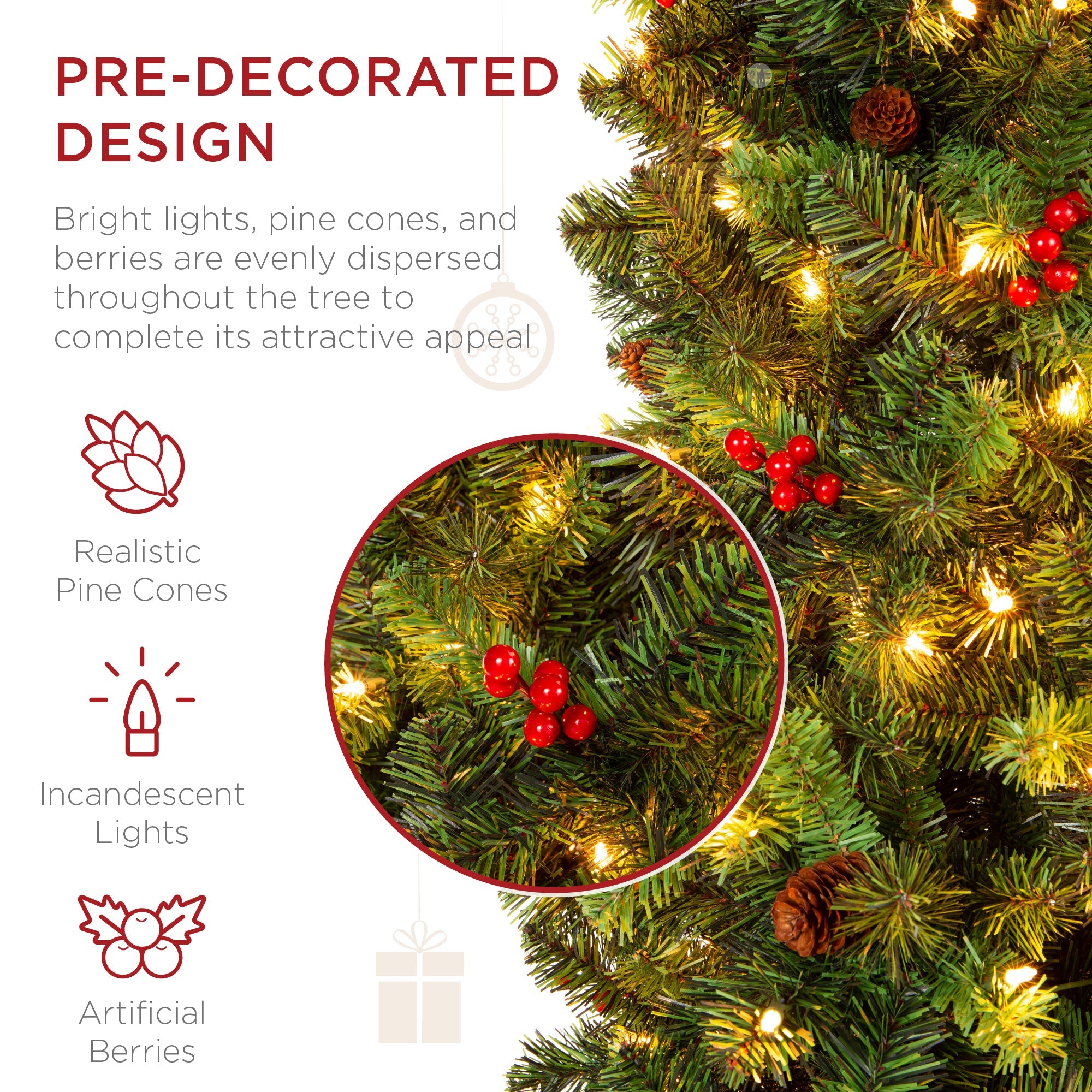 Pre-Lit Spruce Pencil Christmas Tree with Berries Pine Cones with eye-catching holiday style