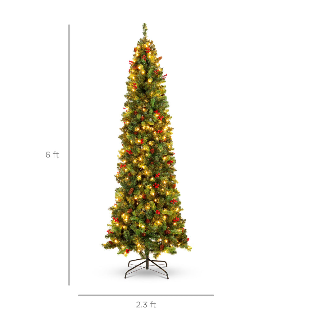 Pre-Lit Spruce Pencil Christmas Tree with Berries Pine Cones with eye-catching holiday style