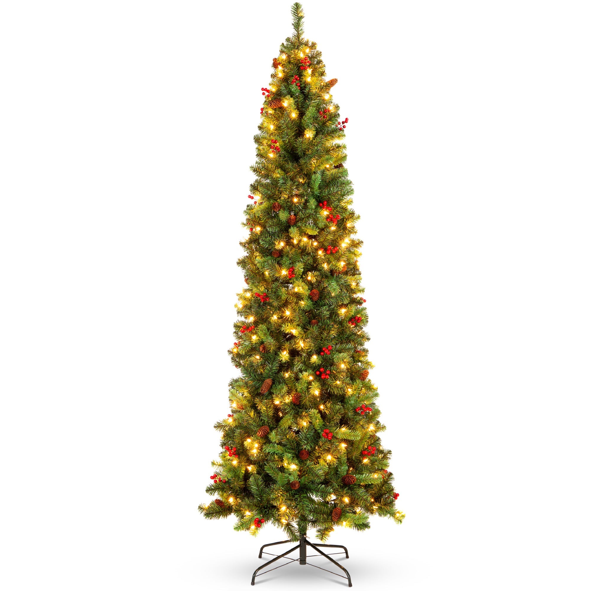 Pre-Lit Spruce Pencil Christmas Tree with Berries Pine Cones with eye-catching holiday style