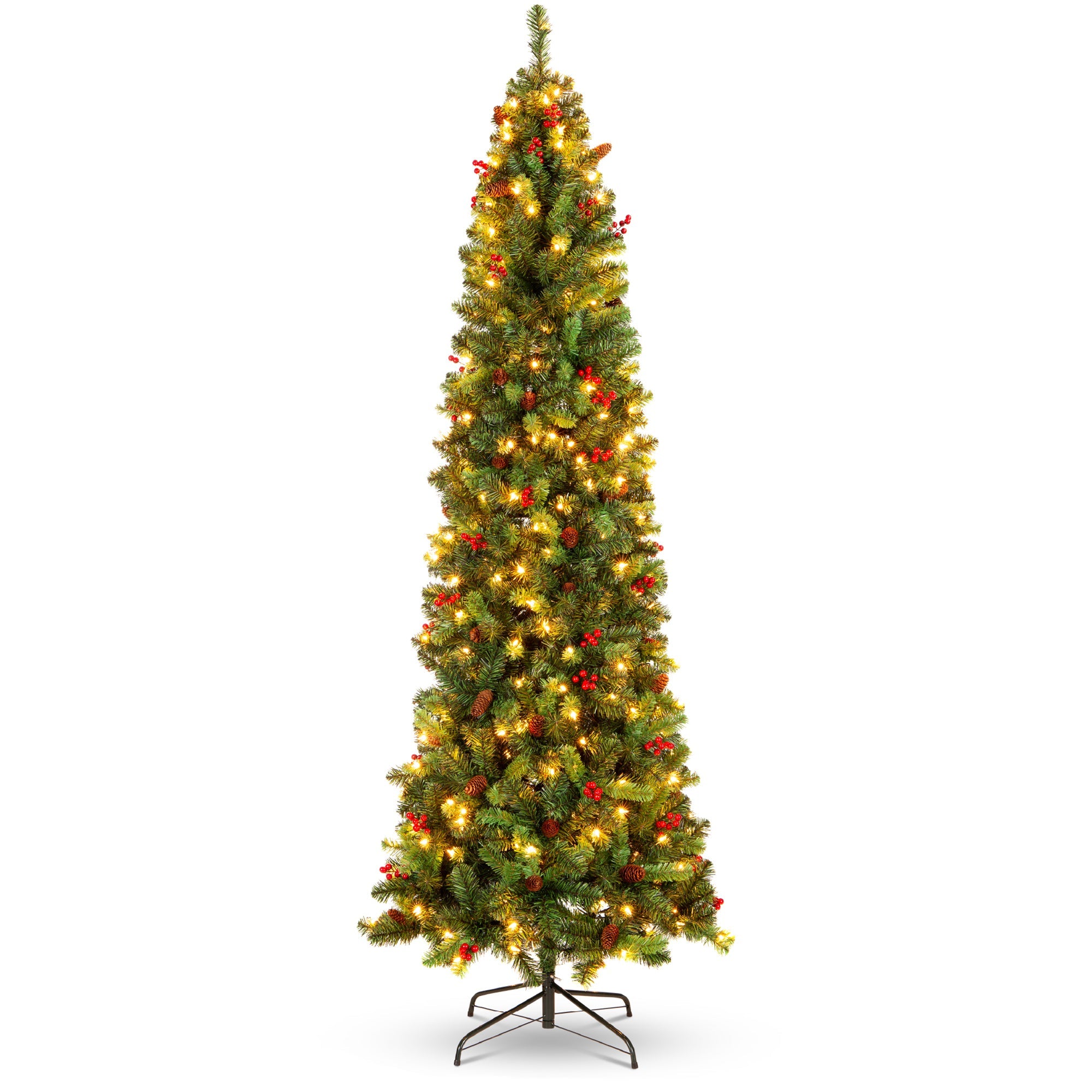 Pre-Lit Spruce Pencil Christmas Tree with Berries Pine Cones with eye-catching holiday style