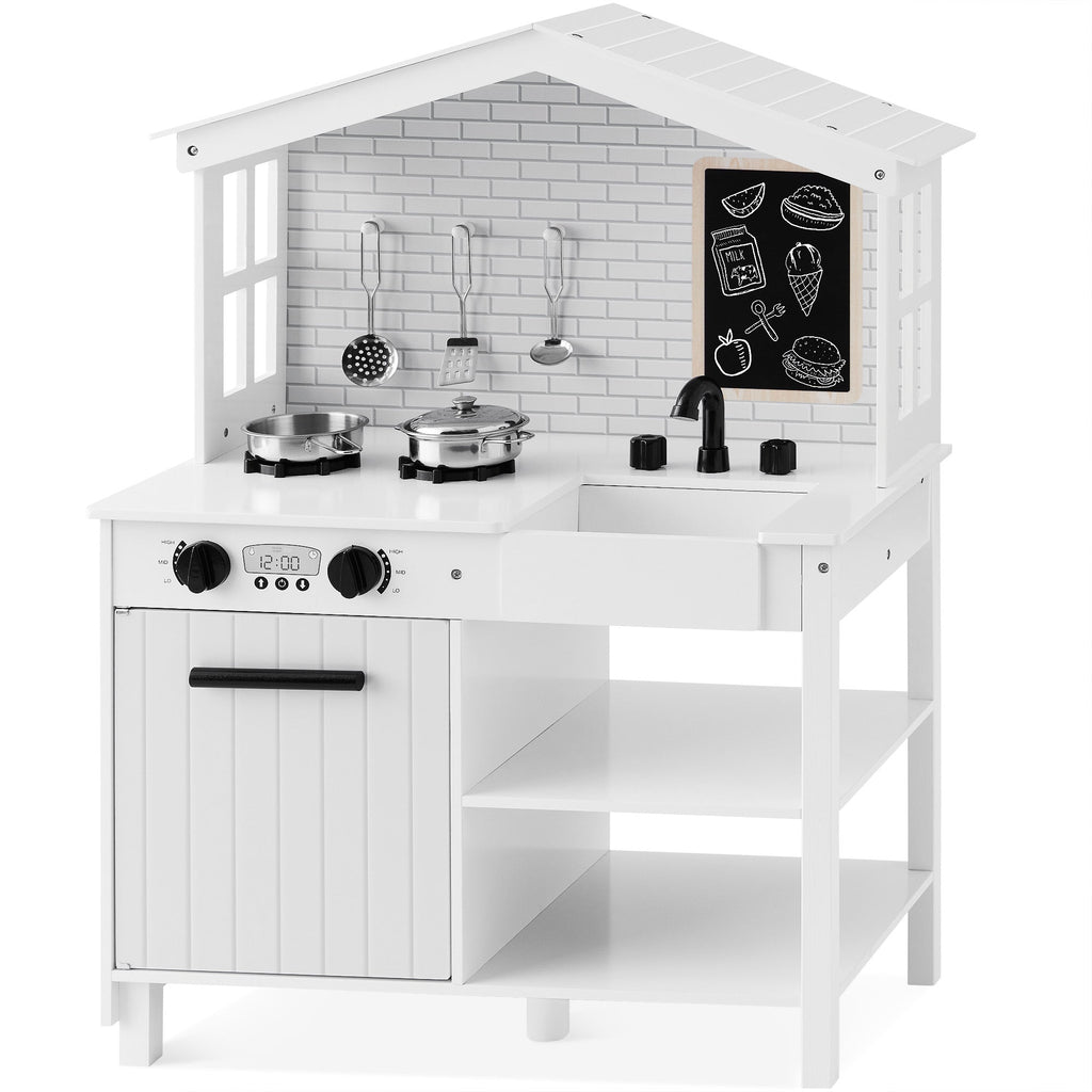 Pretend Play Wooden Farmhouse Kitchen Set with Storage 5 Accessories for convenient daily use