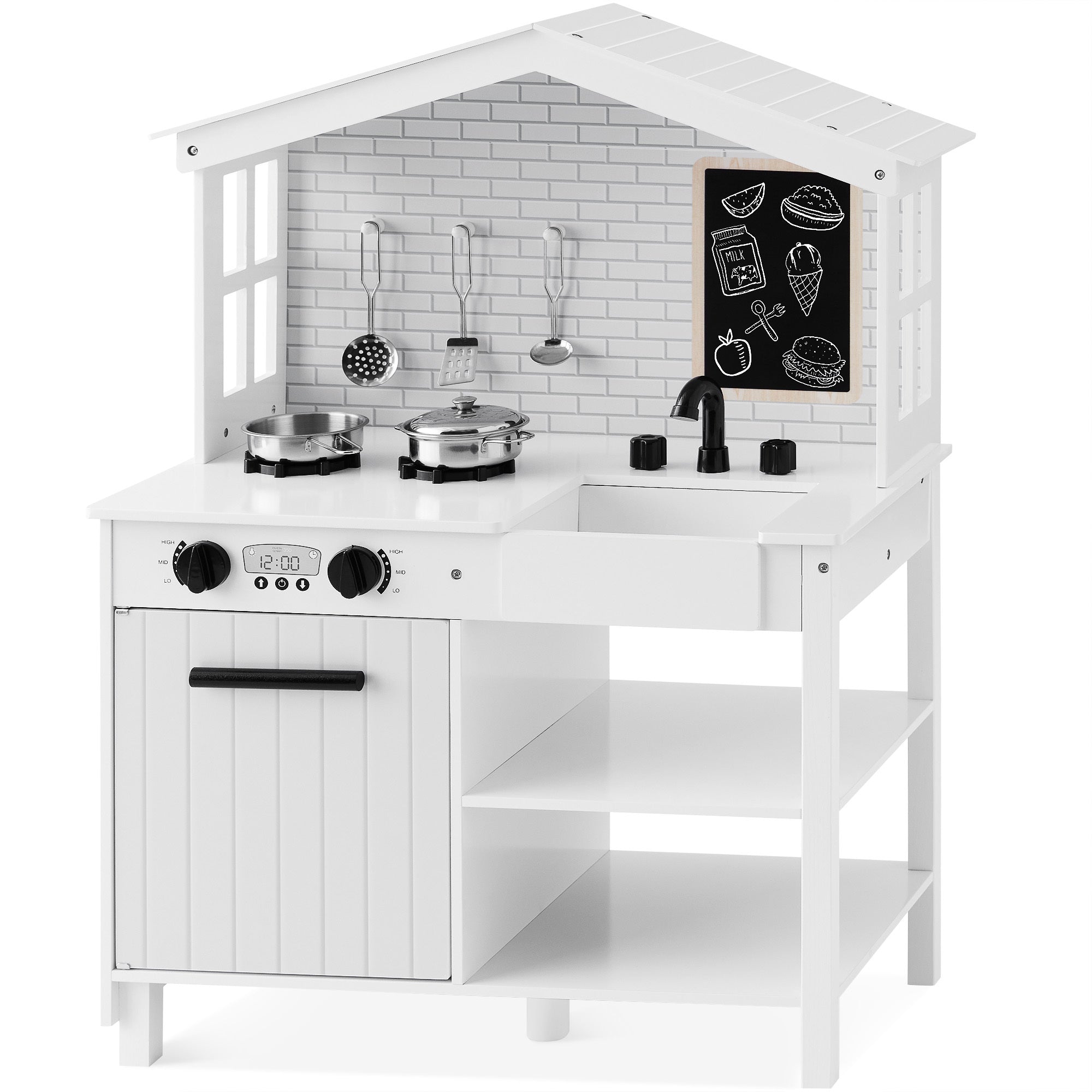 Pretend Play Wooden Farmhouse Kitchen Set with Storage 5 Accessories for convenient daily use